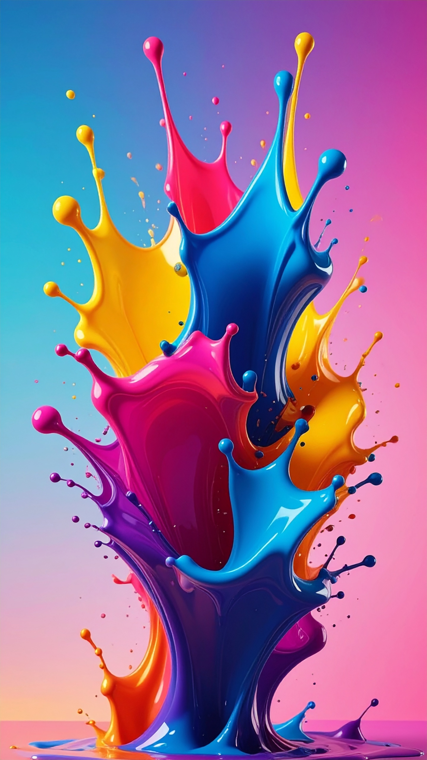 A vibrant splash of multicolored paint erupts against a gradient background