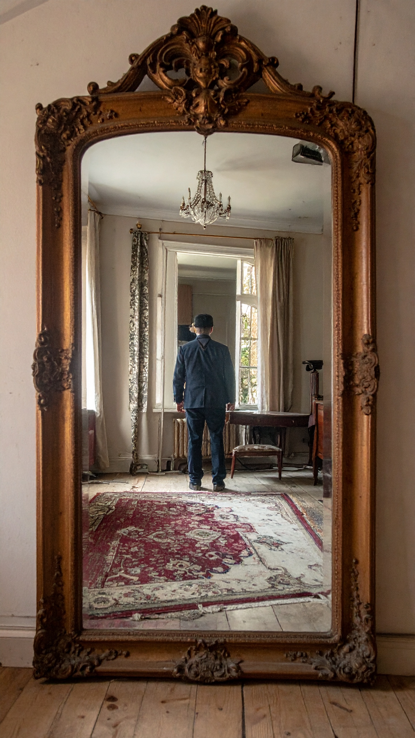 A large ornate mirror with a vintage gold frame reflects a person standing in a classic room