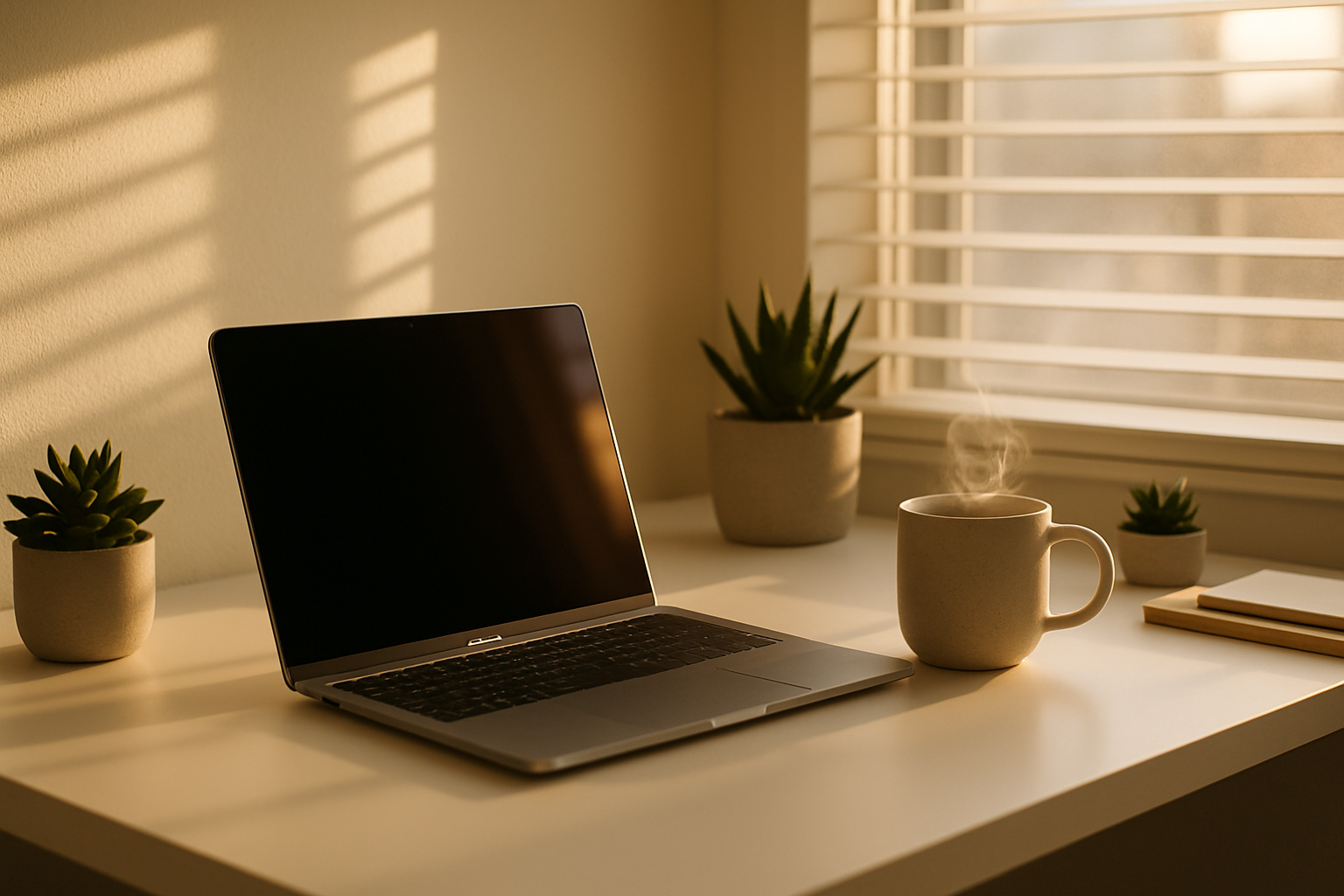 Mesa de trabalho minimalista com laptop moderno e caneca fumegante. Ideal para criar um espaço de trabalho produtivo e esteticamente agradável. A luz suave do sol atravessa as persianas, criando um ambiente acolhedor. Perfeito para home office ou escritórios que buscam um toque de conforto e estilo. A adição de plantas em vasos pequenos traz um elemento natural ao ambiente.