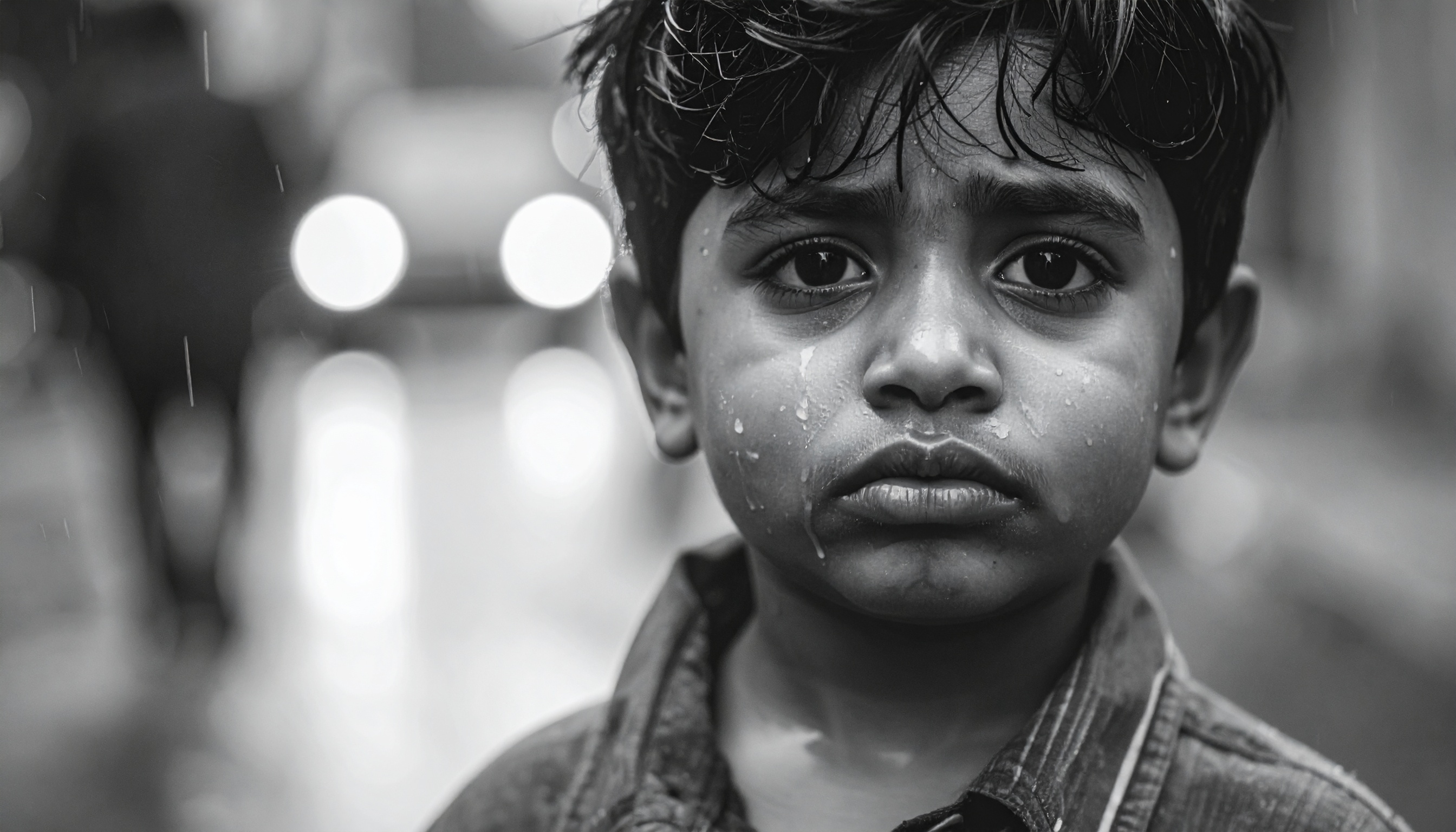 A young boy stands in the rain with droplets on his face, capturing a moment of raw emotion
