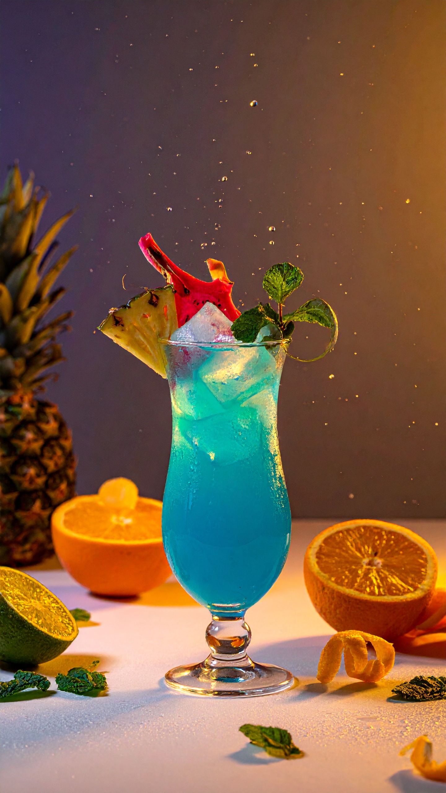 A vibrant tropical cocktail presented in a tall glass garnished with fresh fruits