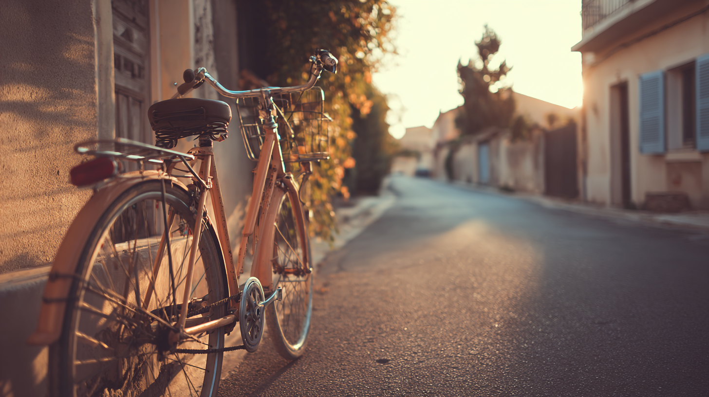 Uma bicicleta vintage de cor rosa repousa em uma rua tranquila, iluminada pelo sol poente, com casas ao fundo e vegetação ao redor, criando uma atmosfera serena e nostálgica.