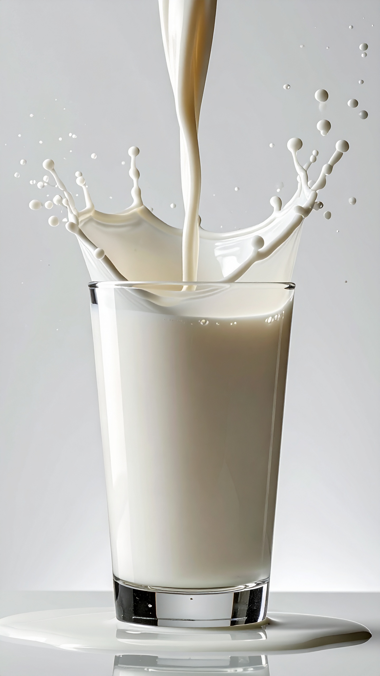 A tall glass is filled with fresh milk, creating a dynamic splash effect