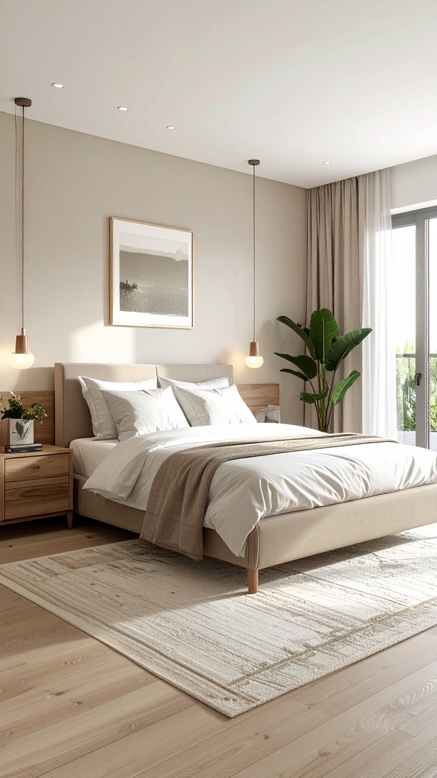 A modern bedroom features a cozy double bed with white and beige linens