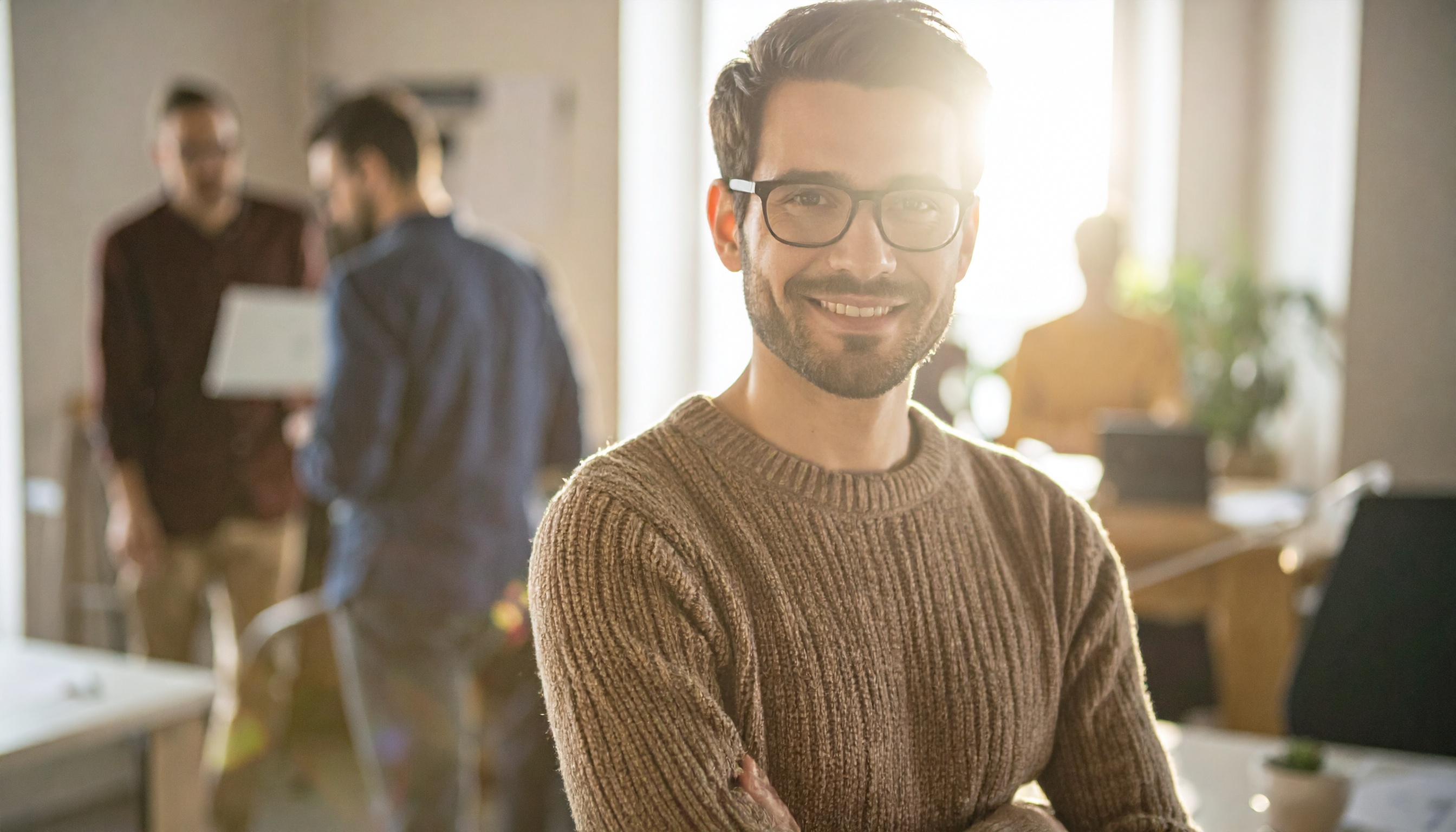 A confident young professional in a cozy office setting