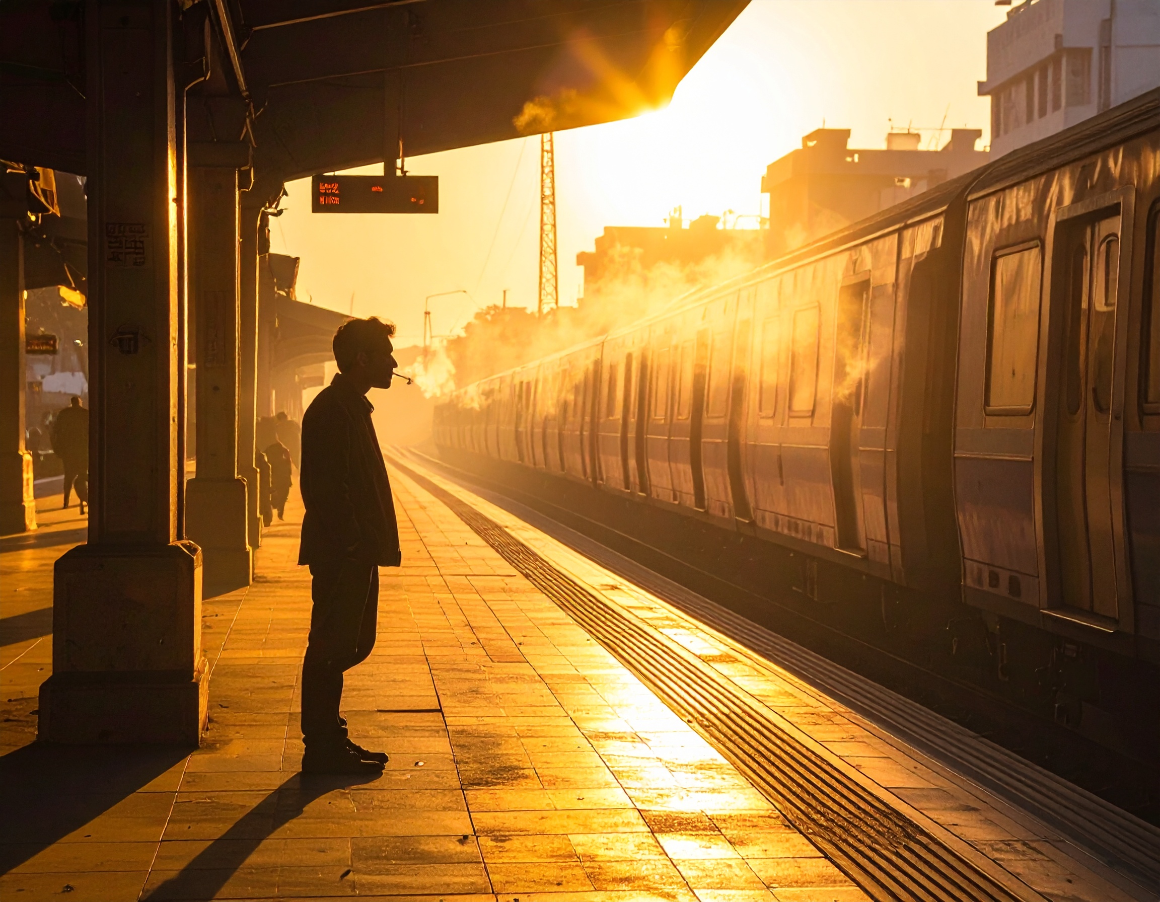 A person stands on a train platform at sunrise, enveloped in warm golden hues