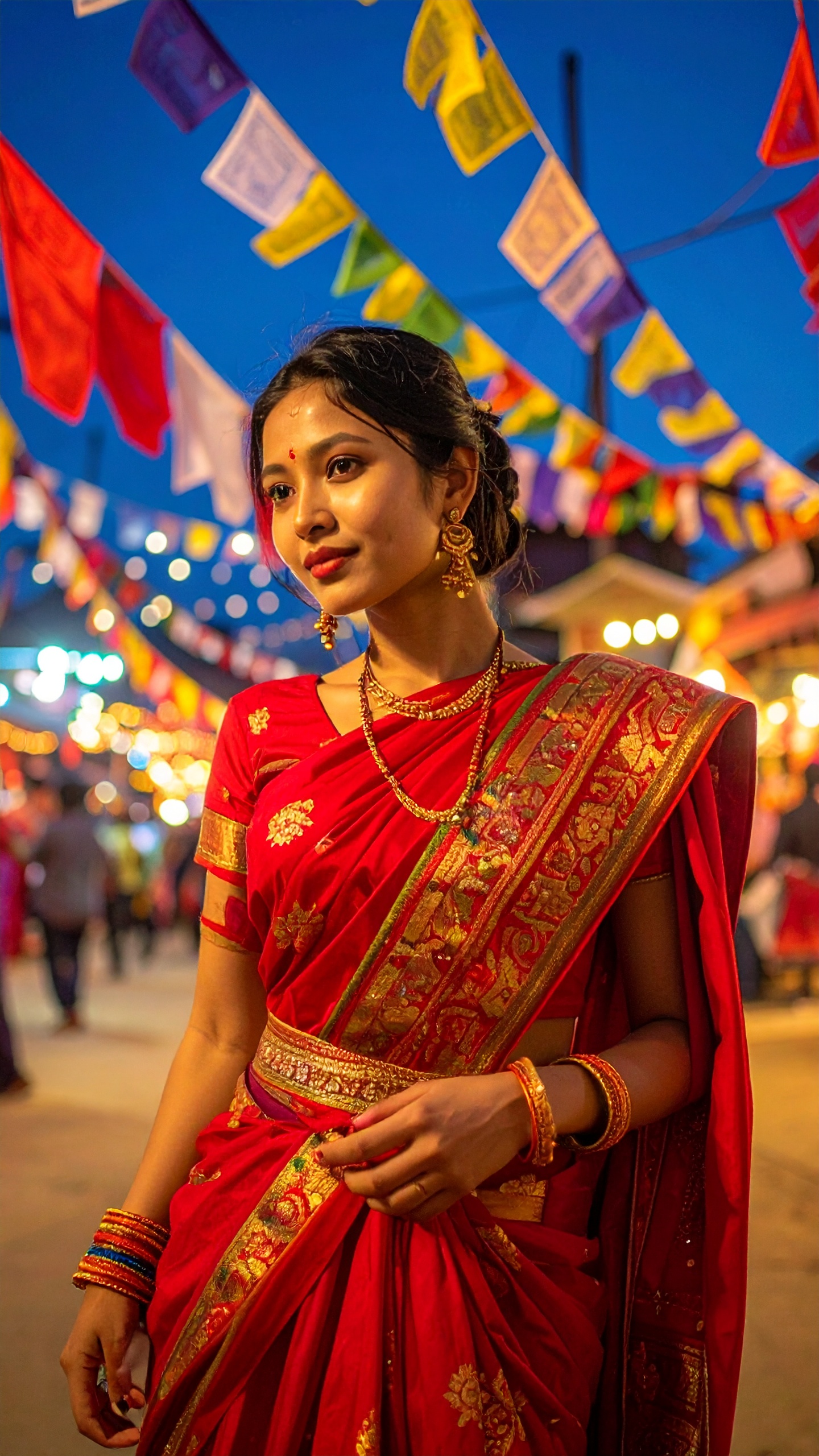 Mulher vestindo sari vermelho tradicional com detalhes dourados em um festival ao ar livre. Ideal para quem busca roupas étnicas autênticas e elegantes para ocasiões especiais. O sari vermelho vibrante e os acessórios dourados destacam-se sob as luzes festivas e bandeiras coloridas. Perfeito para festivais culturais, casamentos ou celebrações temáticas. A combinação de cores e o cenário cultural adicionam um toque de autenticidade e sofisticação.