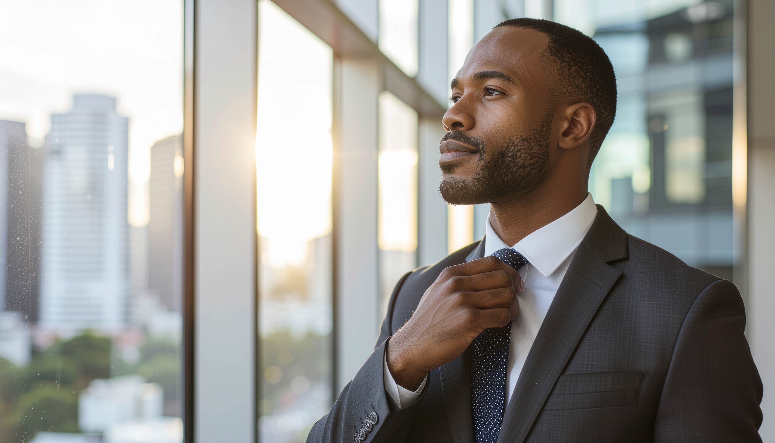 Confident Man Adjusts Tie in Modern Office at Sunset