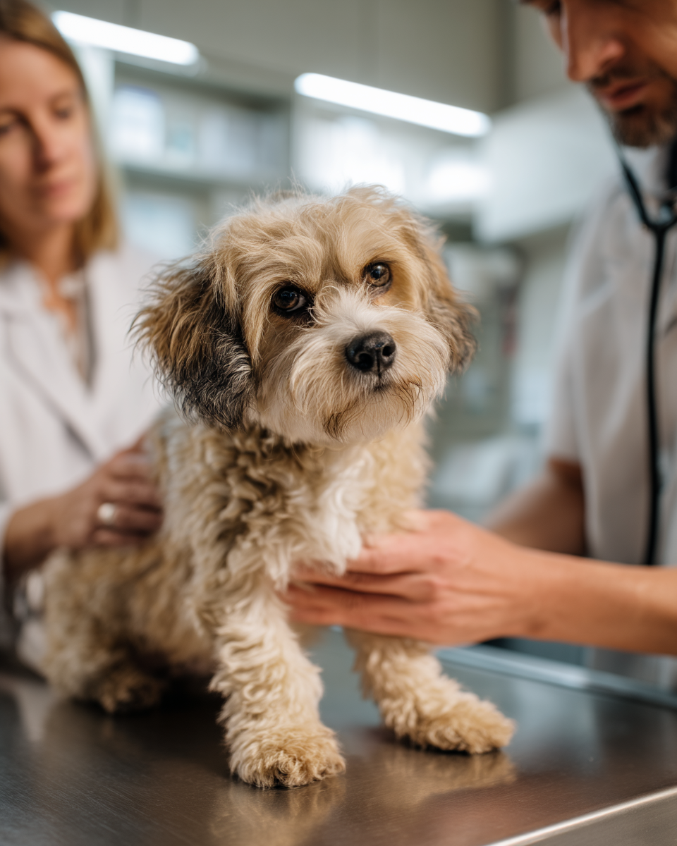 A imagem mostra um cachorro de pelagem clara e encaracolada, sentado em uma mesa de exame em um ambiente de clínica veterinária. Dois profissionais de saúde, um homem e uma mulher, estão envolvidos no atendimento ao animal, com a mulher sendo visivelmente atenta ao cão enquanto o homem faz um exame. A iluminação é suave e as cores são predominantemente neutras, com toques de creme e cinza.