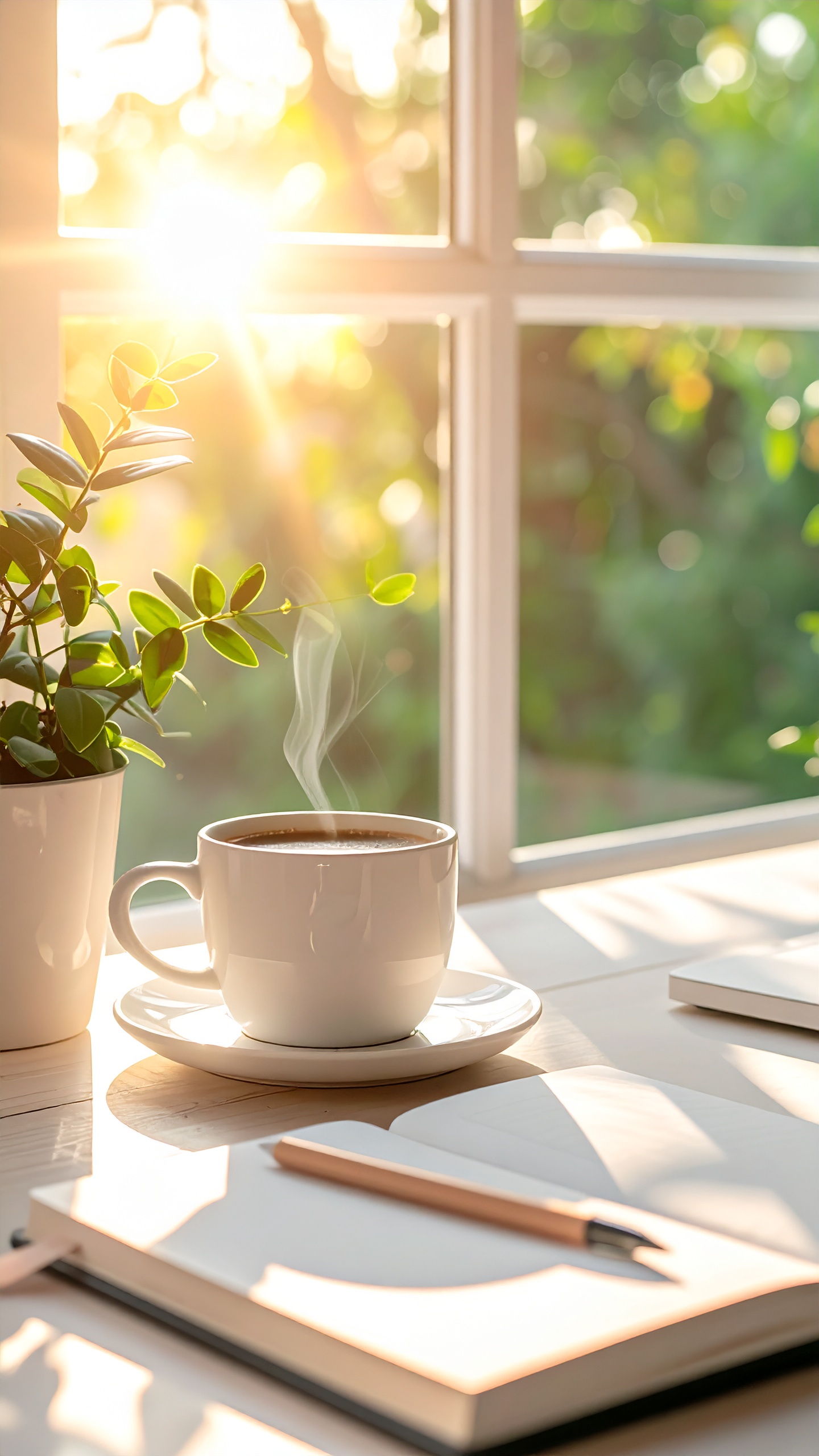 A steaming cup of coffee sits on a desk in the soft morning sunlight