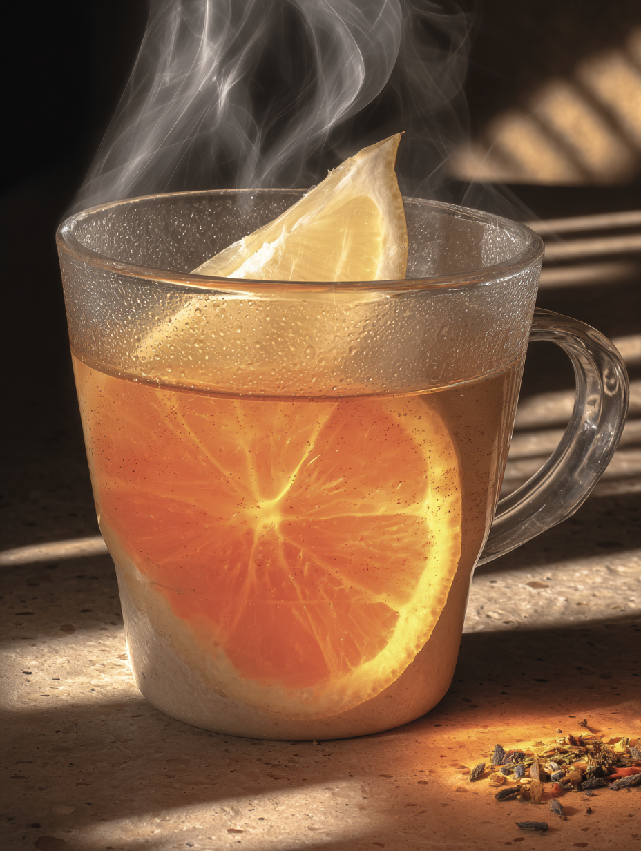Copo de chá quente com fatia de laranja e limão, emitindo vapor sob luz suave. A composição é armoniosa, destacando as cores vibrantes das frutas contra o fundo texturizado e sombras suaves. O foco é nítido no copo, enquanto o vapor adiciona uma sensação de calor e conforto, sugerindo uma atmosfera acolhedora e relaxante.