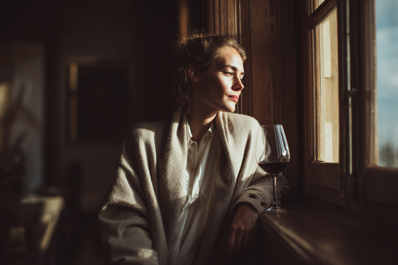 A imagem apresenta uma mulher contemplativa olhando pela janela, envolta em um casaco claro. A luz suave ilumina seu rosto e o copo de vinho tinto ao seu lado, criando um contraste entre as sombras e a luz. O ambiente é acolhedor, refletindo uma atmosfera introspectiva.