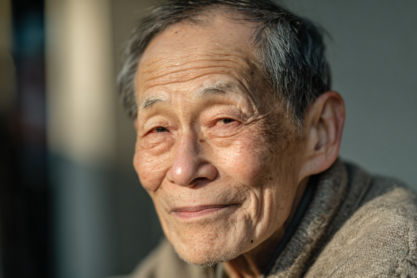 Retrato de um homem idoso com um sorriso gentil, destacando as rugas de expressão em seu rosto e a textura da pele. A luz suave ilumina sua face, criando um ambiente acolhedor e nostálgico.