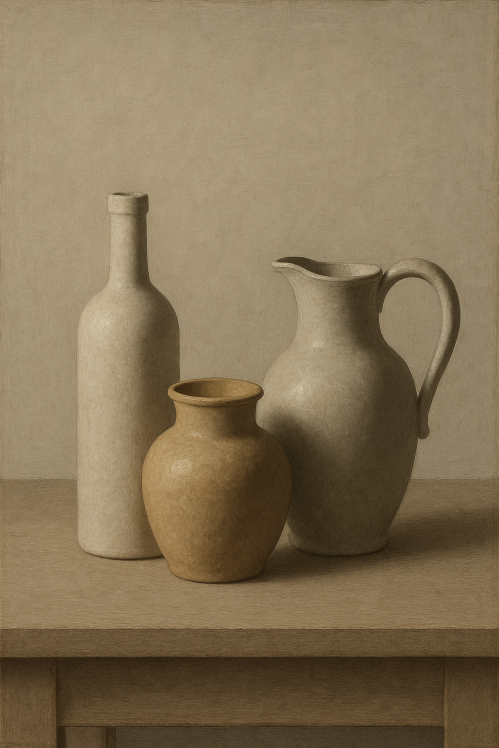 A trio of rustic ceramic vessels rests on a wooden surface, evoking a sense of timeless elegance