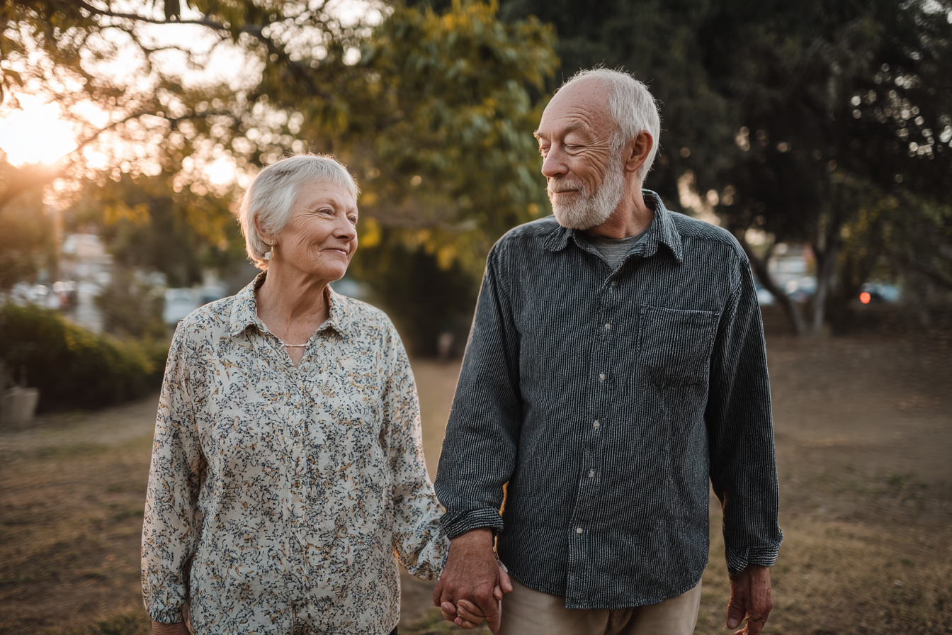 Casal de idosos caminhando de mãos dadas em um parque ao entardecer, com expressão de amor e carinho. A luz suave do sol destaca a beleza do momento.