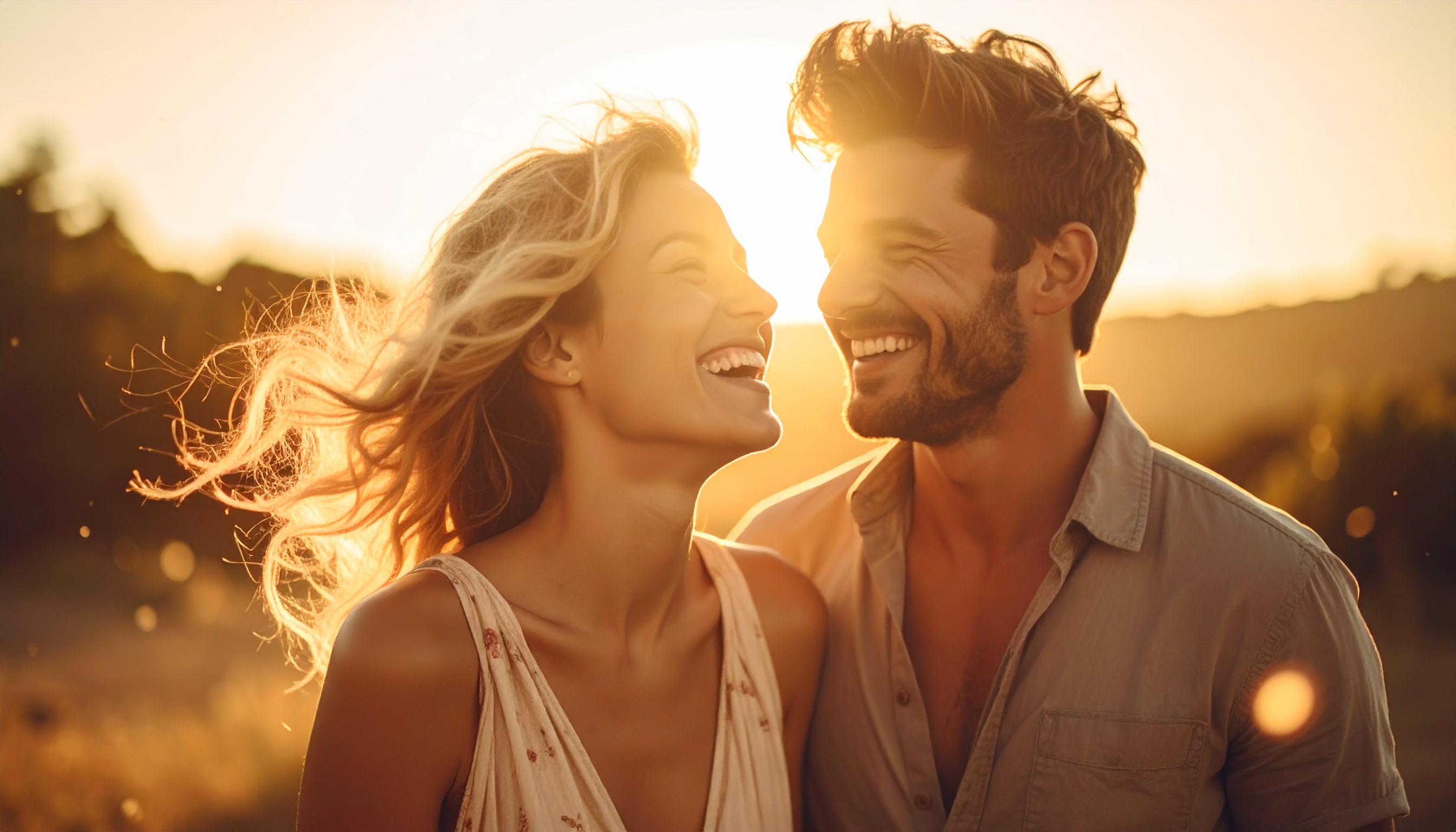 Um casal sorri alegremente ao pôr do sol, com luz dourada iluminando seus rostos. Os cabelos da mulher esvoaçam suavemente, enquanto ambos se olham com carinho. A composição enfatiza a intimidade e a felicidade do momento, com fundo desfocado em tons quentes de laranja e dourado, criando uma atmosfera romântica e serena.