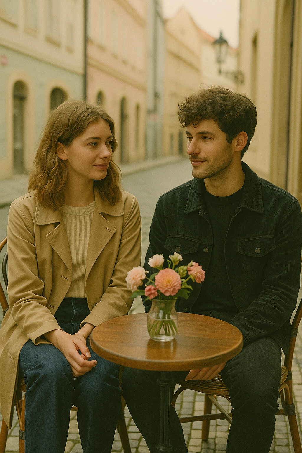 Casal jovem sentado em um café ao ar livre, com flores em um vaso sobre a mesa. O ambiente é iluminado e acolhedor, com prédios coloridos ao fundo, ideal para encontros românticos.