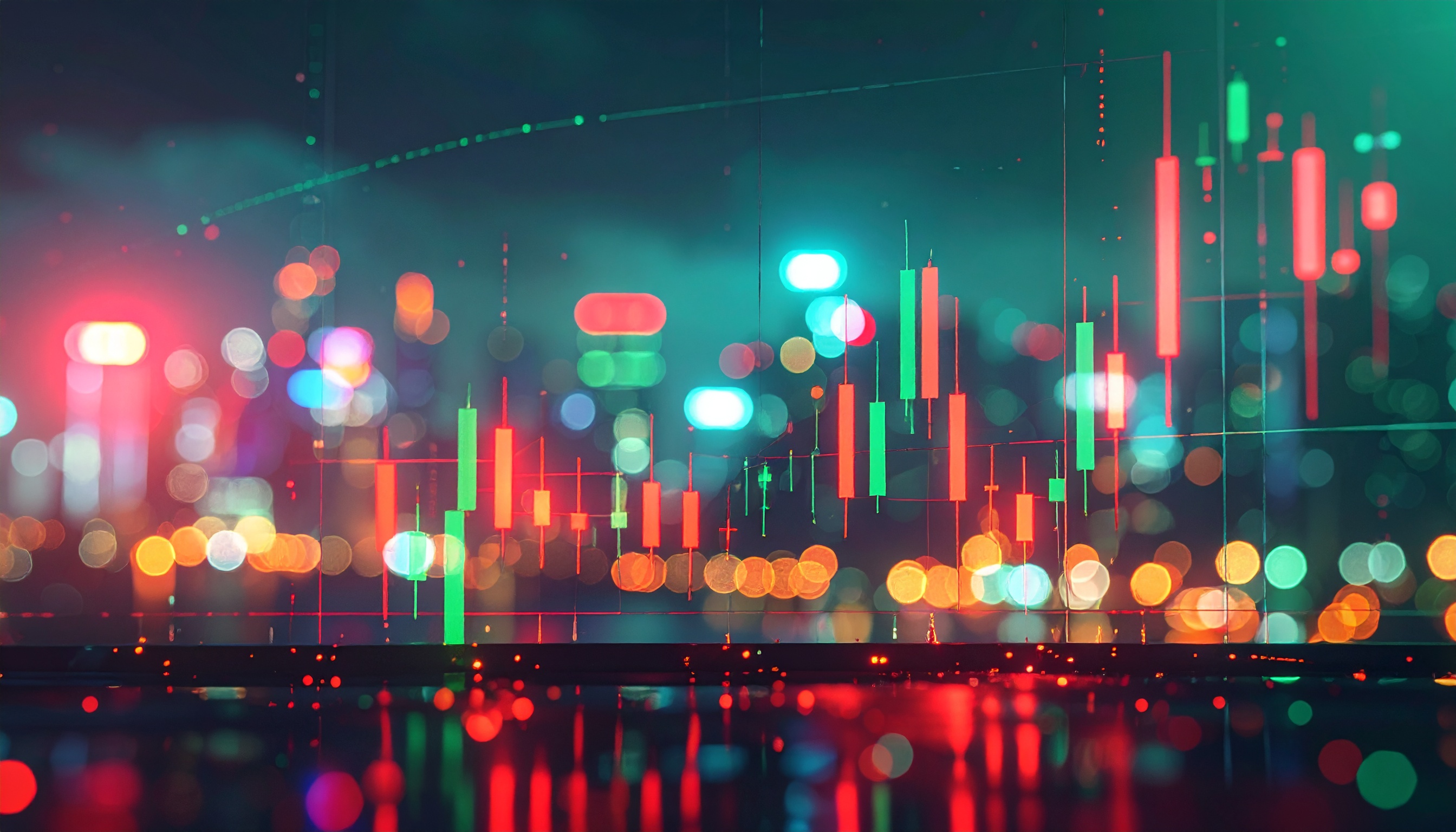 Gráficos de velas verdes e vermelhas sobrepostos a um fundo urbano desfocado com luzes de néon em tons de vermelho e azul, criando uma atmosfera vibrante e dinâmica.