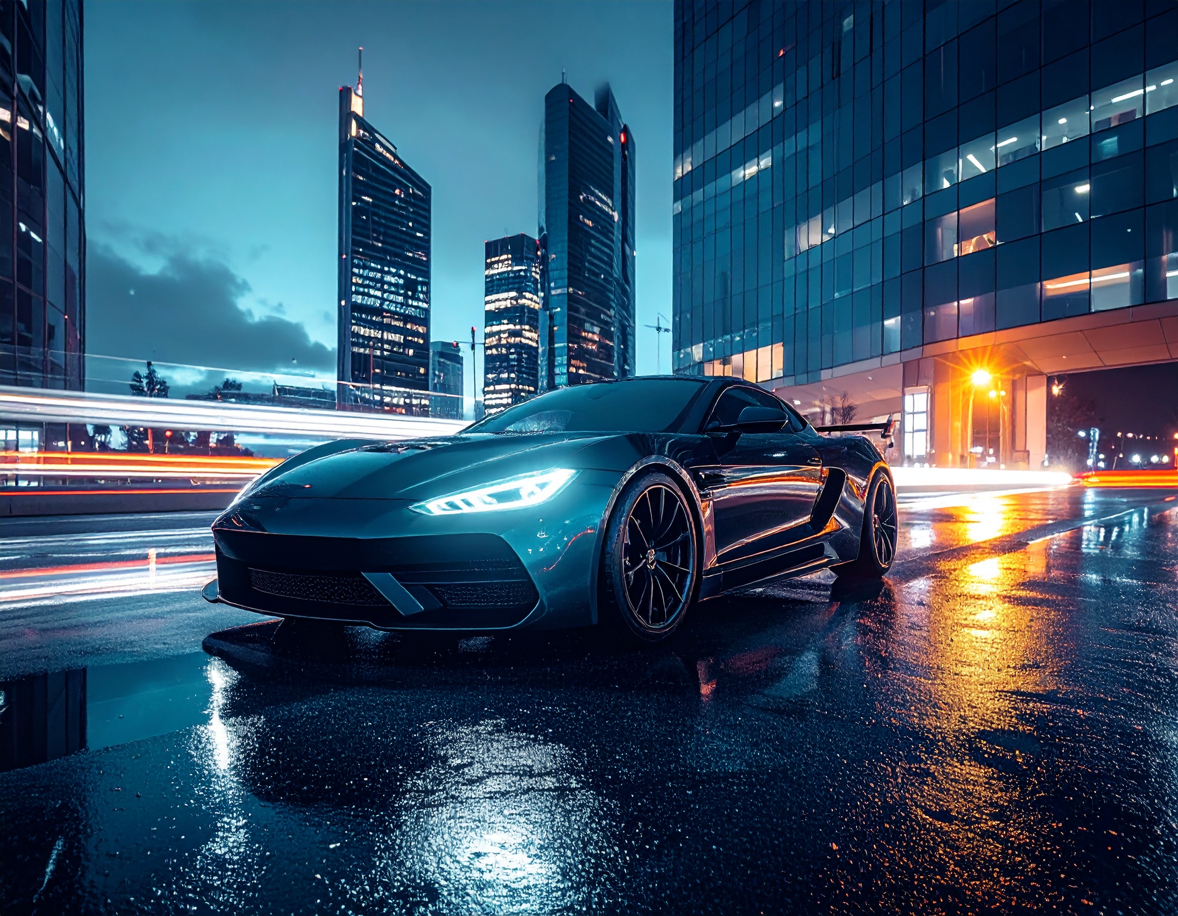 Sleek sports car parked on a wet urban street at night