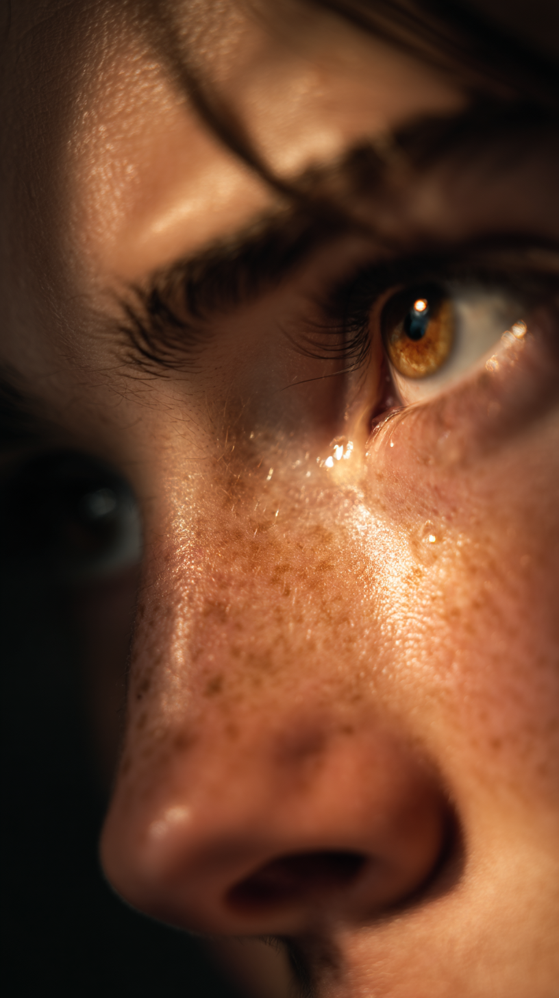 Close-up of a person's face with freckles, showcasing a tear on their cheek and expressive brown eyes. The lighting highlights the skin texture and emotional depth.