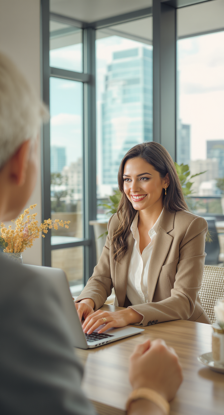 A professional business meeting takes place in a modern office with large windows