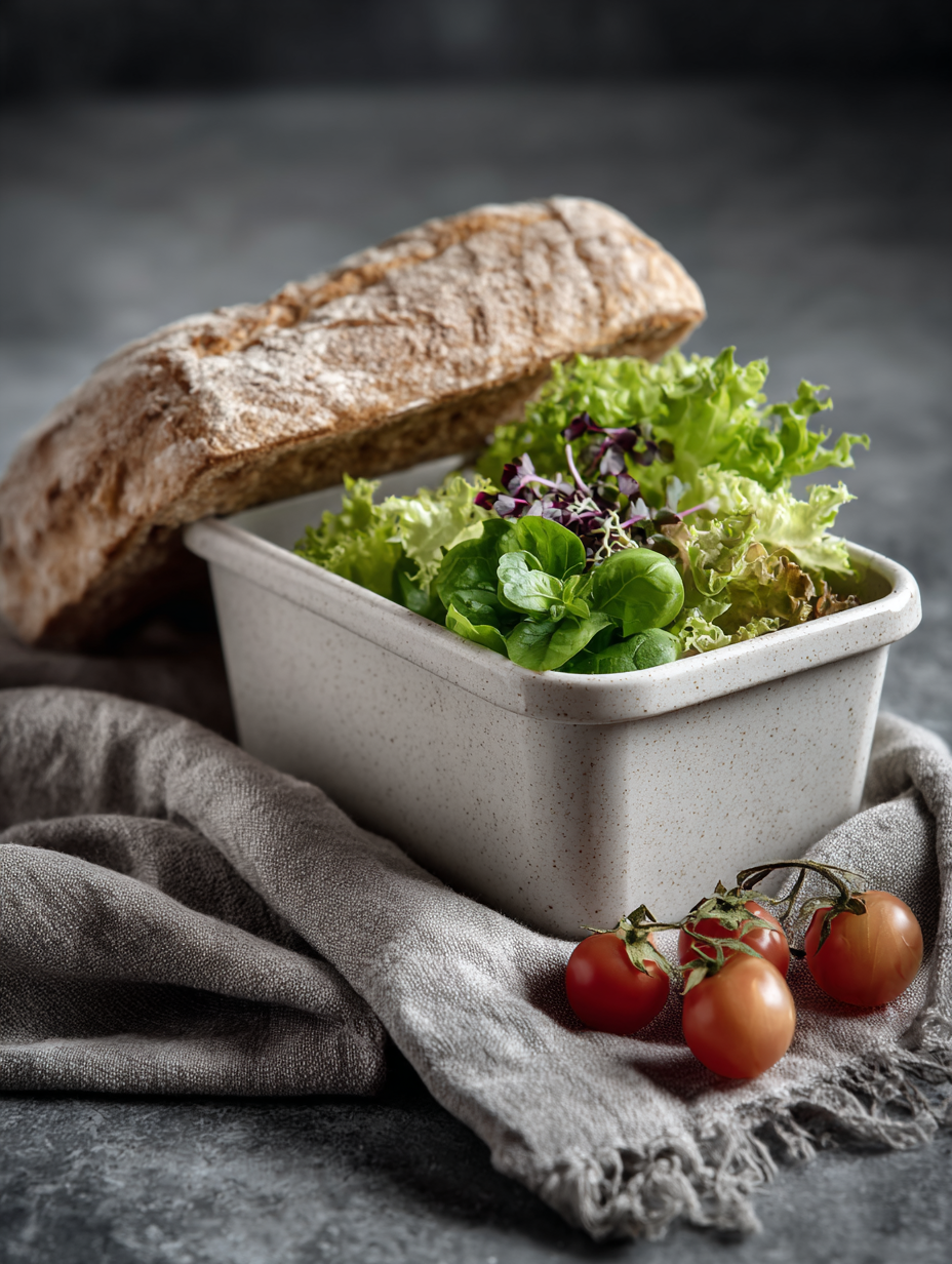 Imagem de um sanduíche gourmet em recipiente de cerâmica, com pão rústico levemente aberto revelando uma variedade de folhas verdes frescas. Iluminação suave e difusa realça as texturas do pão e as cores vibrantes das folhas. Pequenos tomates-cereja ao lado adicionam um toque de cor vibrante à composição minimalista, sobre uma toalha de linho em tom neutro que contrasta com o fundo cinza escuro, criando uma atmosfera sofisticada e acolhedora.