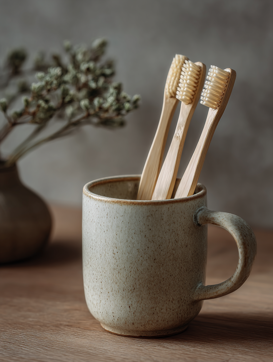 Três escovas de dentes de bambu em um copo de cerâmica sobre uma mesa de madeira, transmitindo um estilo minimalista e sustentável, com um fundo desfocado de flores secas.