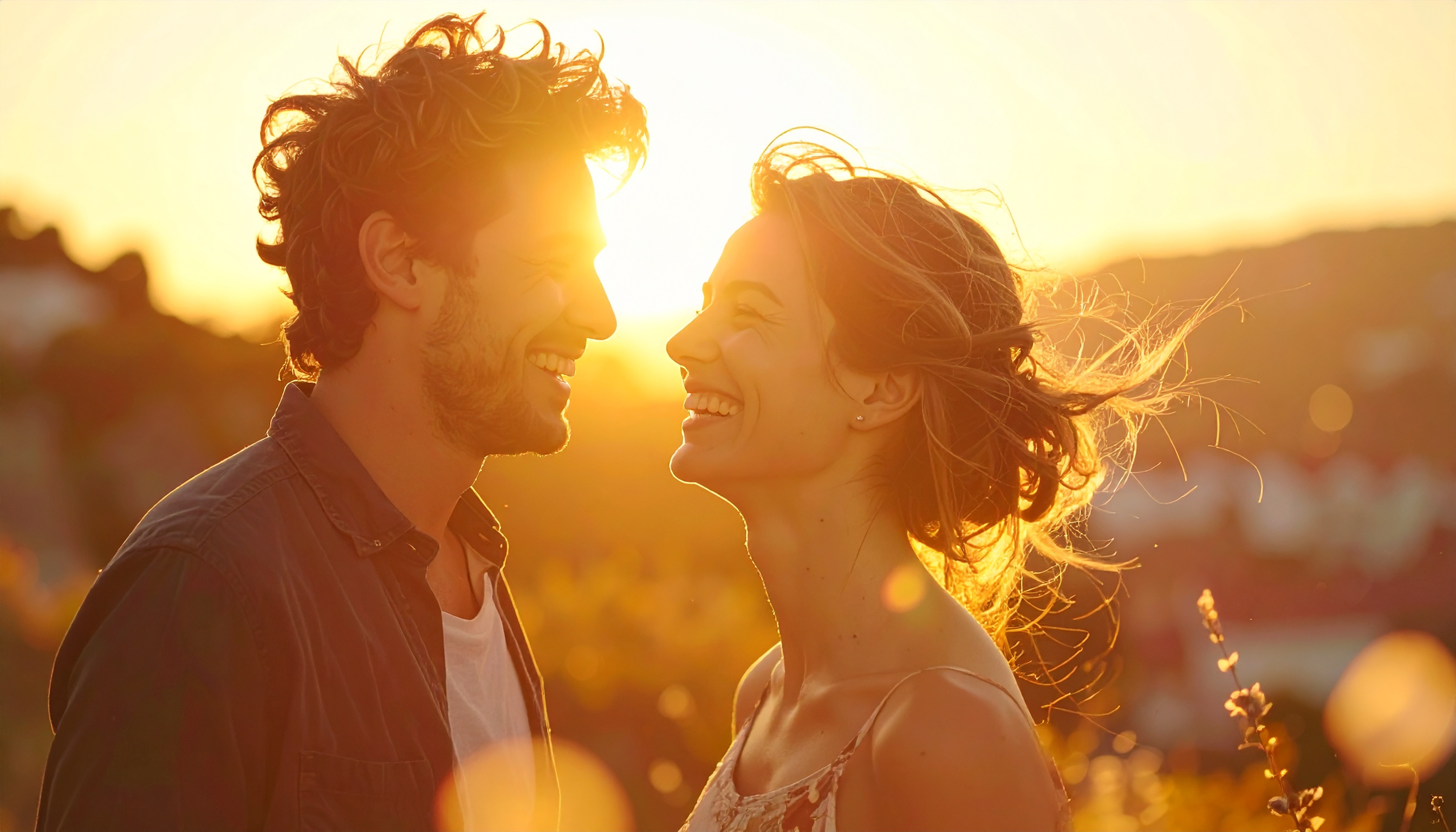 Happy Couple in a Sunset Field
