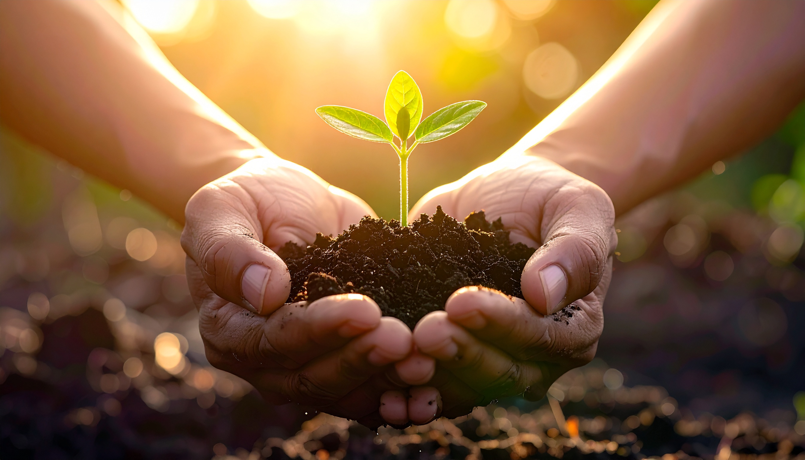 Hands Holding a Small Sprout in Dark Soil