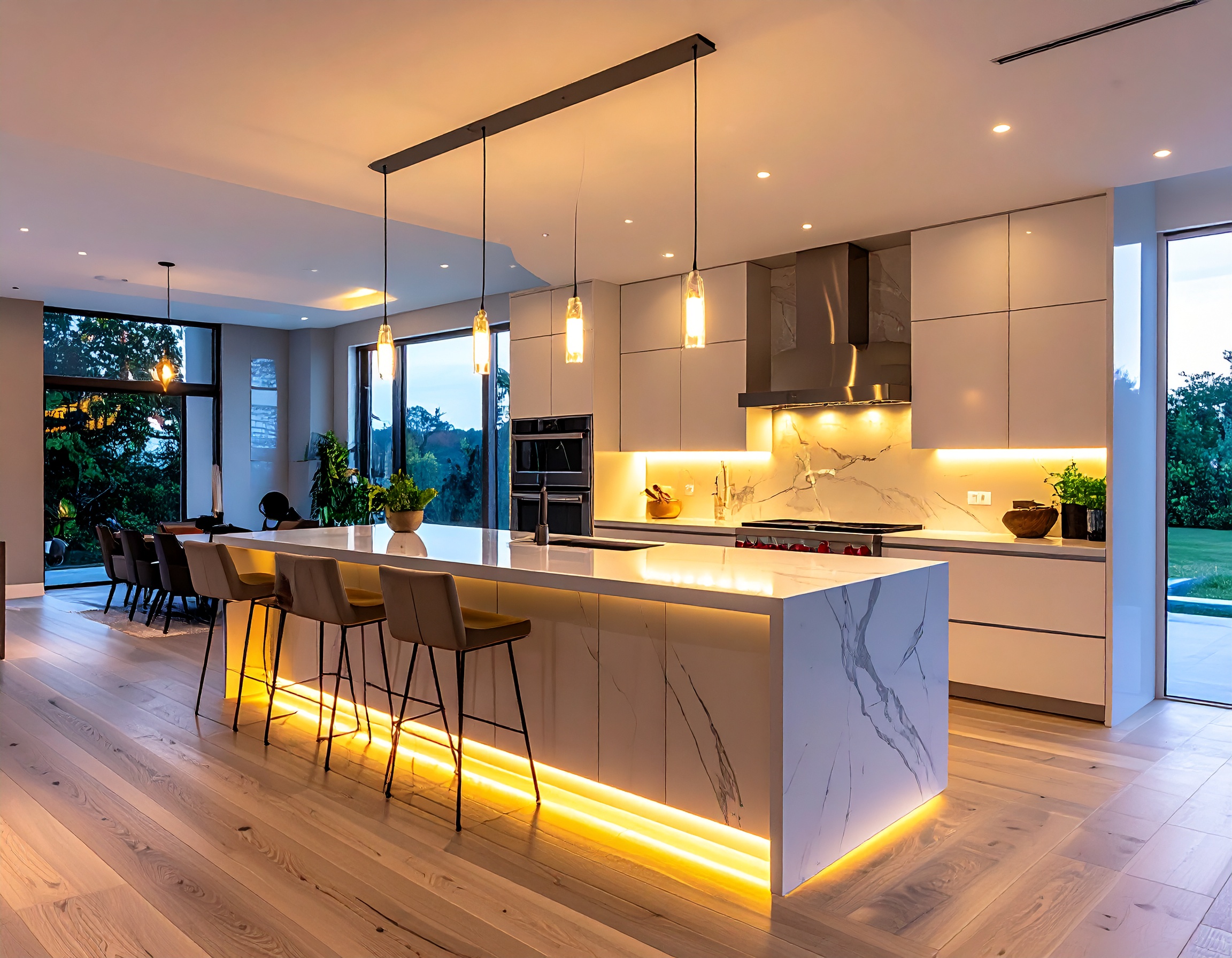 Cozinha moderna e espaçosa com ilha central de mármore branco, iluminação embutida aquecendo o ambiente. Armários minimalistas complementam o estilo contemporâneo. Janelas amplas trazem luz natural ao espaço, realçando o piso de madeira clara. A composição é equilibrada, com luminárias pendentes proporcionando um toque elegante e sofisticado.