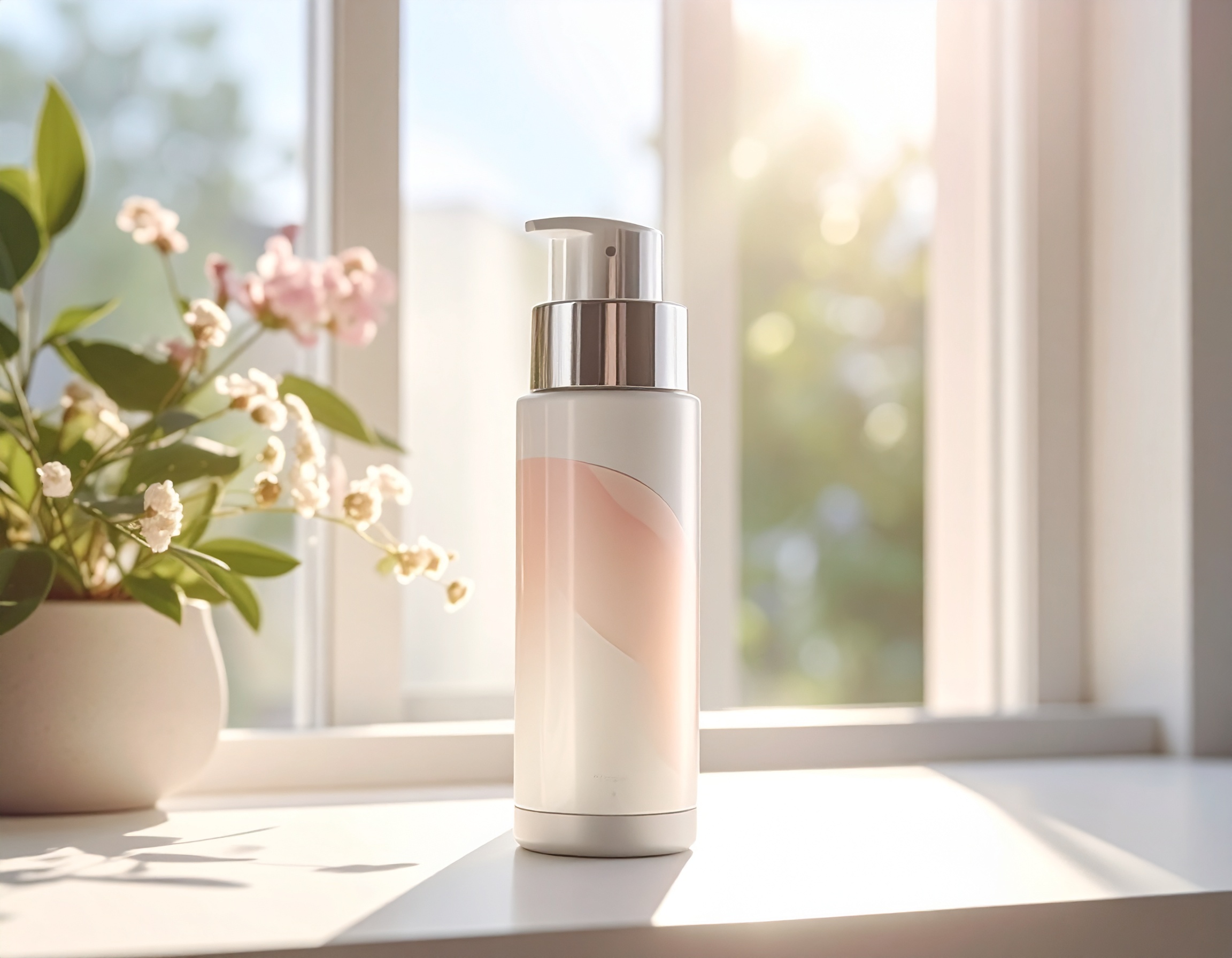 Um frasco elegante de dispensador de loção sobre um parapeito de janela iluminado pelo sol. O design minimalista do frasco contrasta com as flores delicadas ao lado. A luz suave e difusa cria uma atmosfera serena e acolhedora, destacando os detalhes cromados do dispensador. A composição capta um equilíbrio entre natureza e simplicidade moderna.