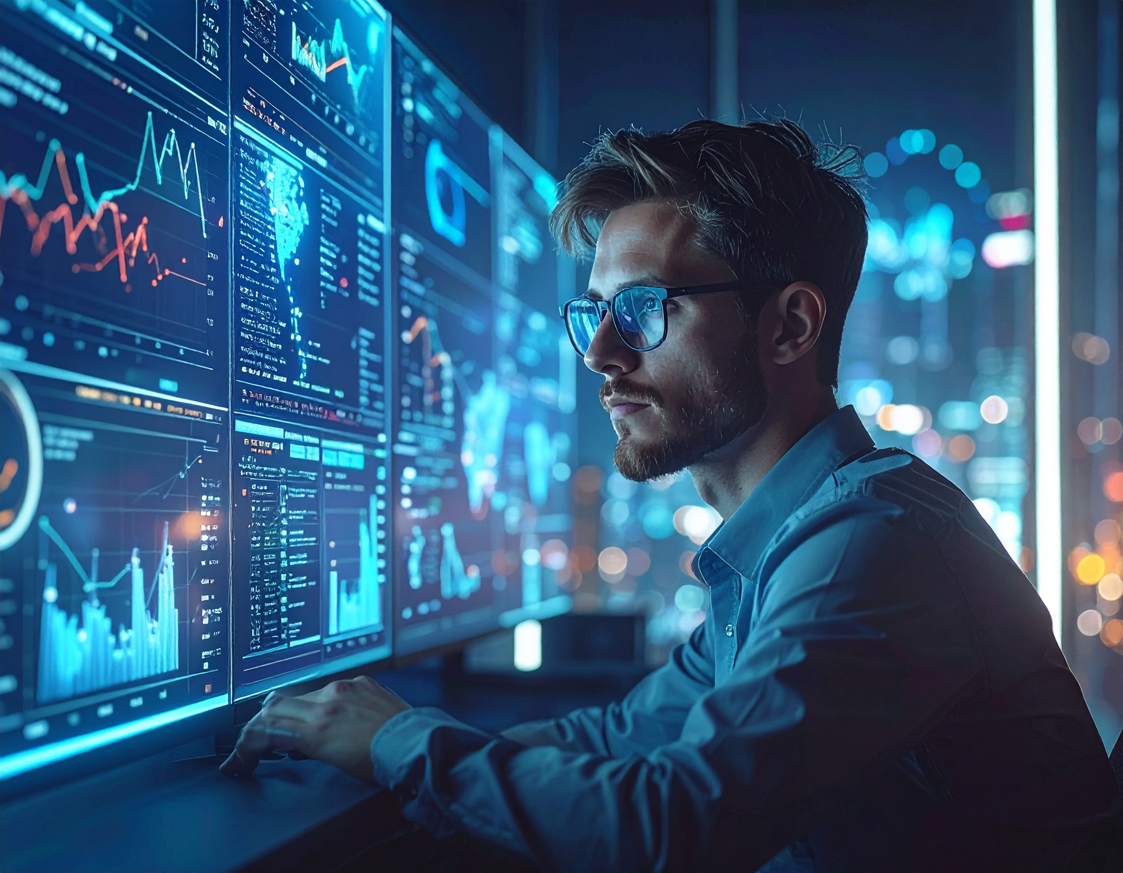 Focused Man Analyzing Data on Multiple Screens