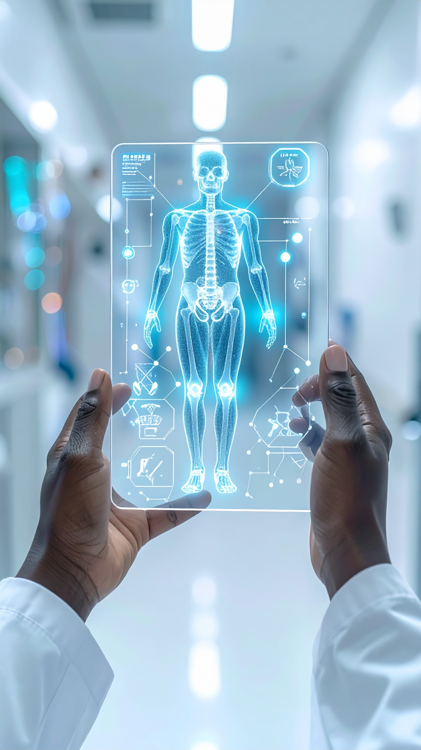 A futuristic holographic medical display shows a detailed skeletal and muscular structure