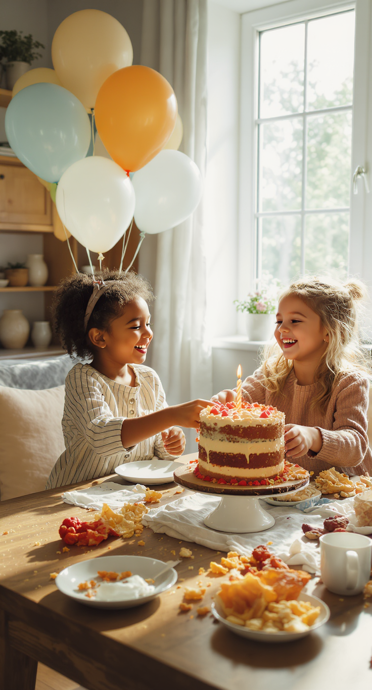 Two joyful children celebrate a birthday with a vibrant cake and balloons