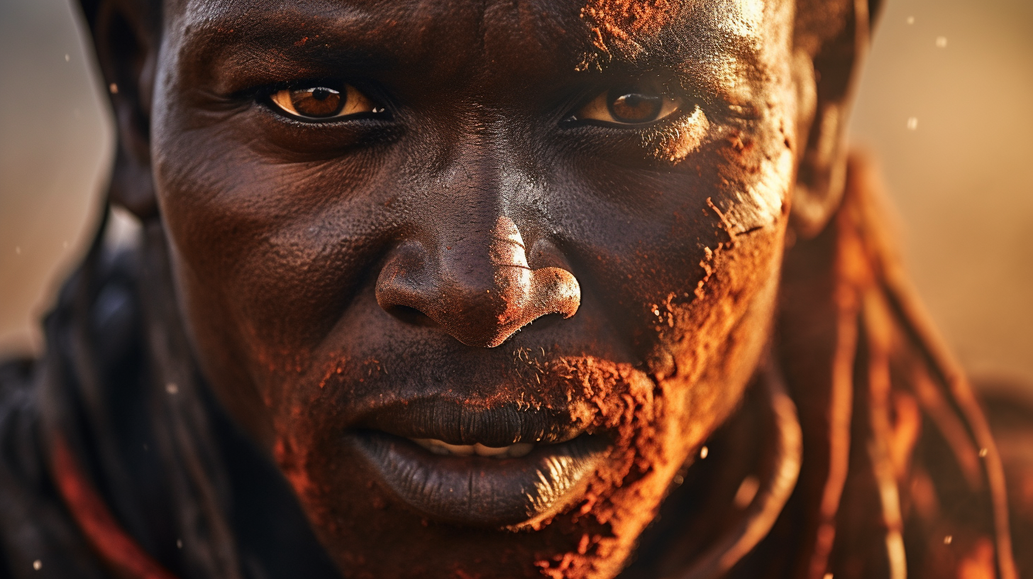Close-up portrait of a man with a textured face covered in red earth, showcasing intense brown eyes and a serious expression, set against a blurred natural background.