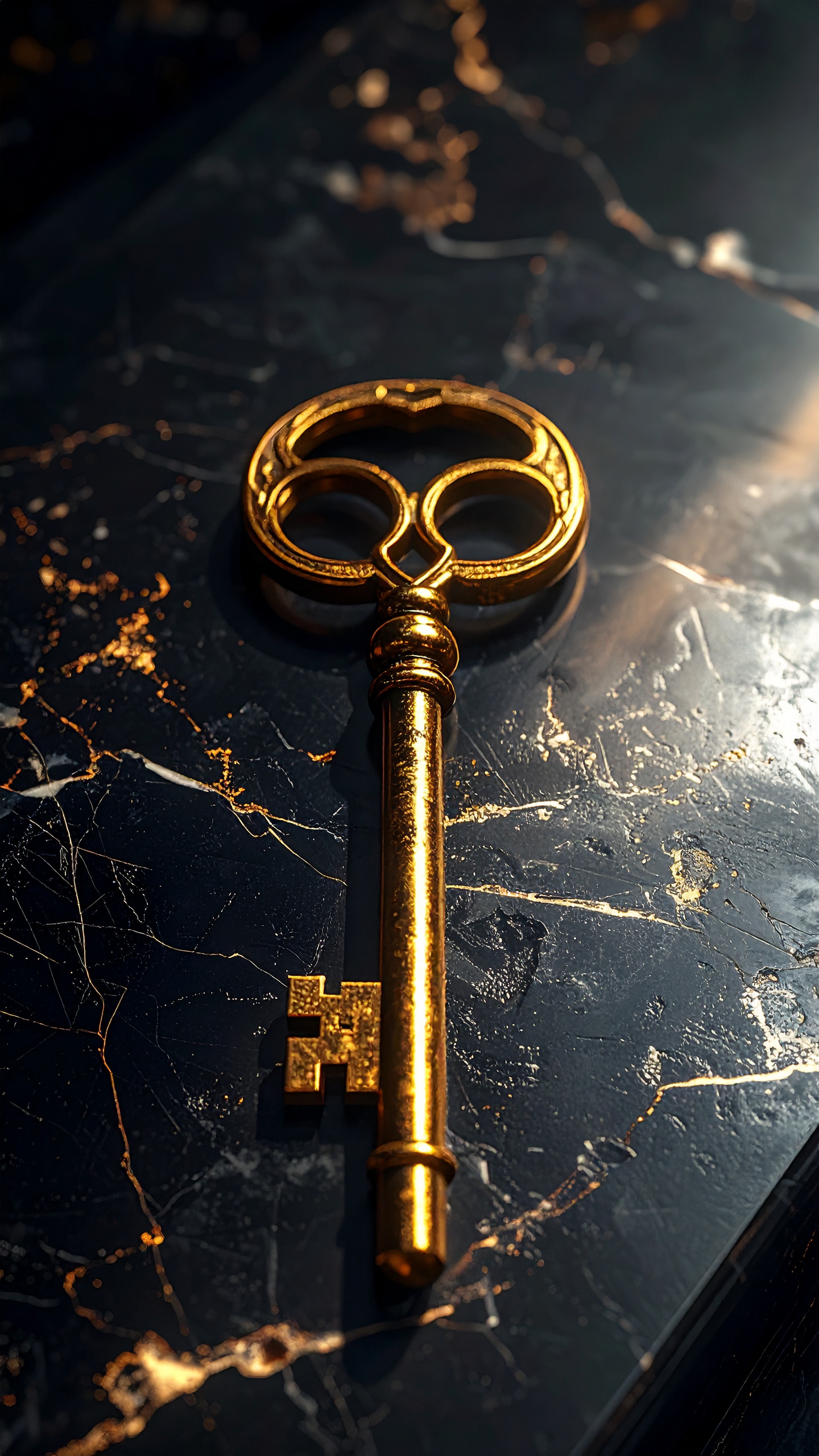 A golden vintage key rests elegantly on a dark marble surface