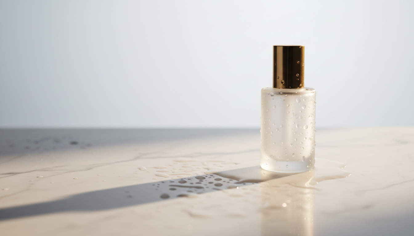 A sleek perfume bottle sits elegantly on a white marble surface