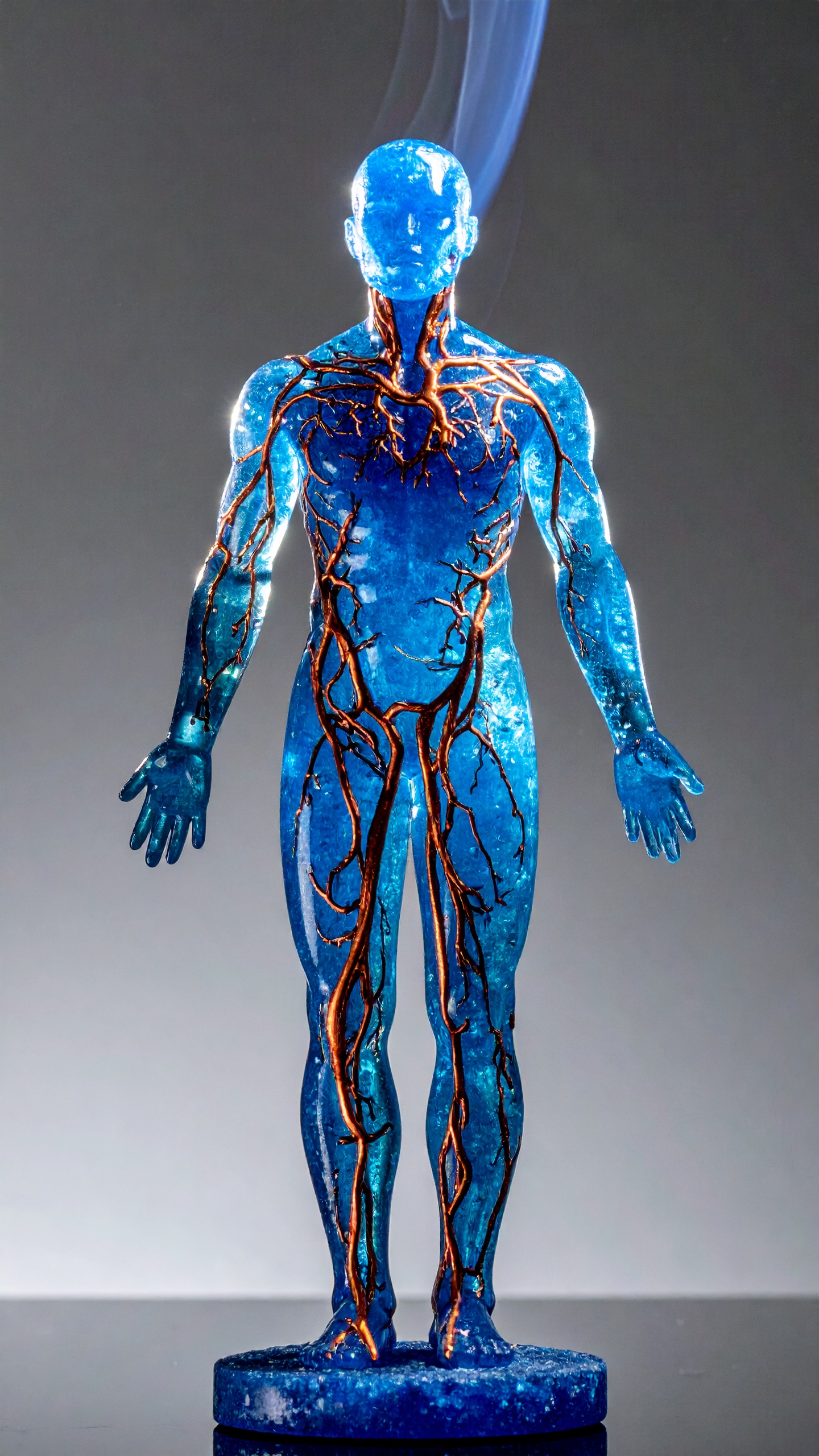 A striking blue anatomical figure with intricate orange veins stands against a neutral backdrop