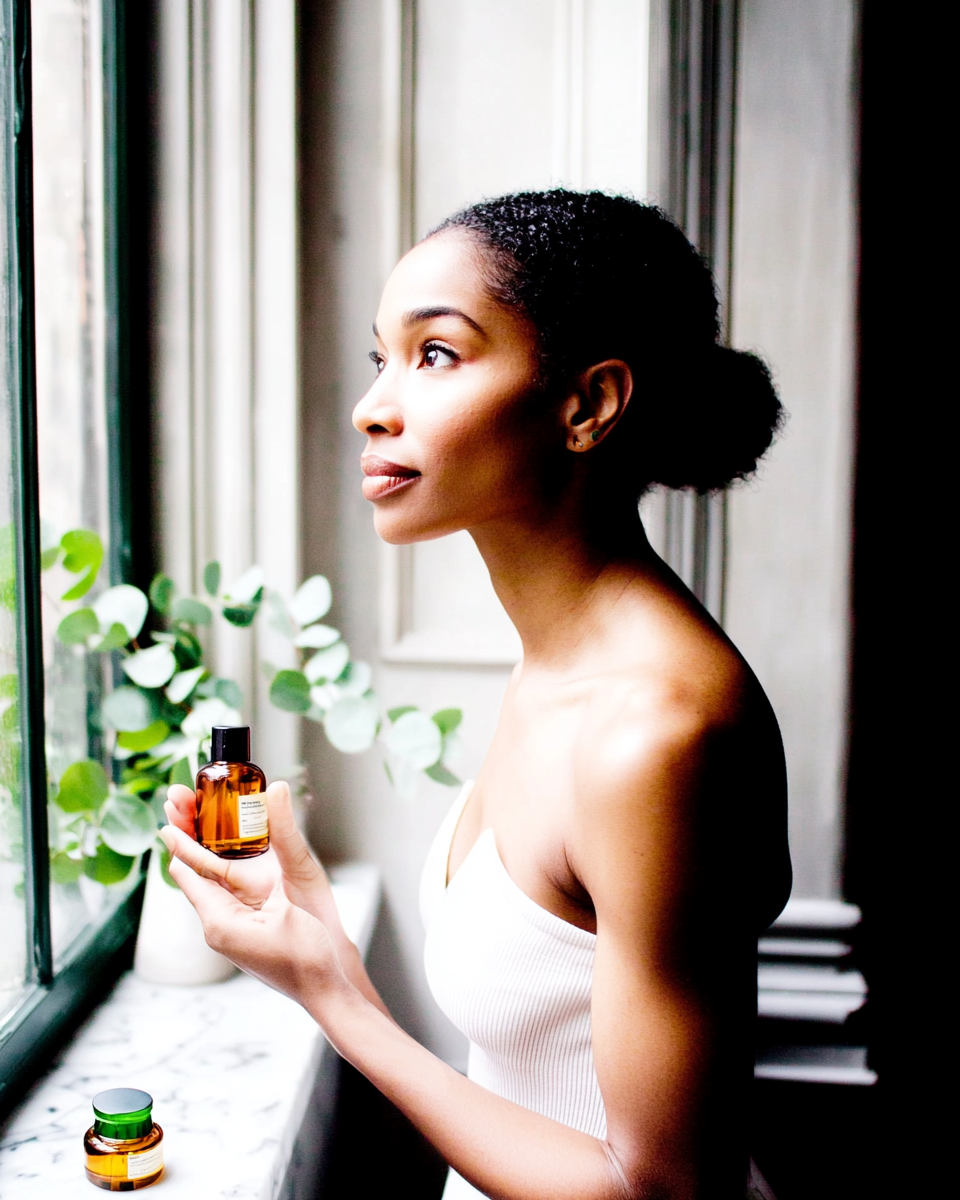 Mulher em vestido branco observa pela janela, segurando frasco âmbar. Iluminação suave destaca pele e expressão contemplativa, com folhagem e mármore ao fundo.