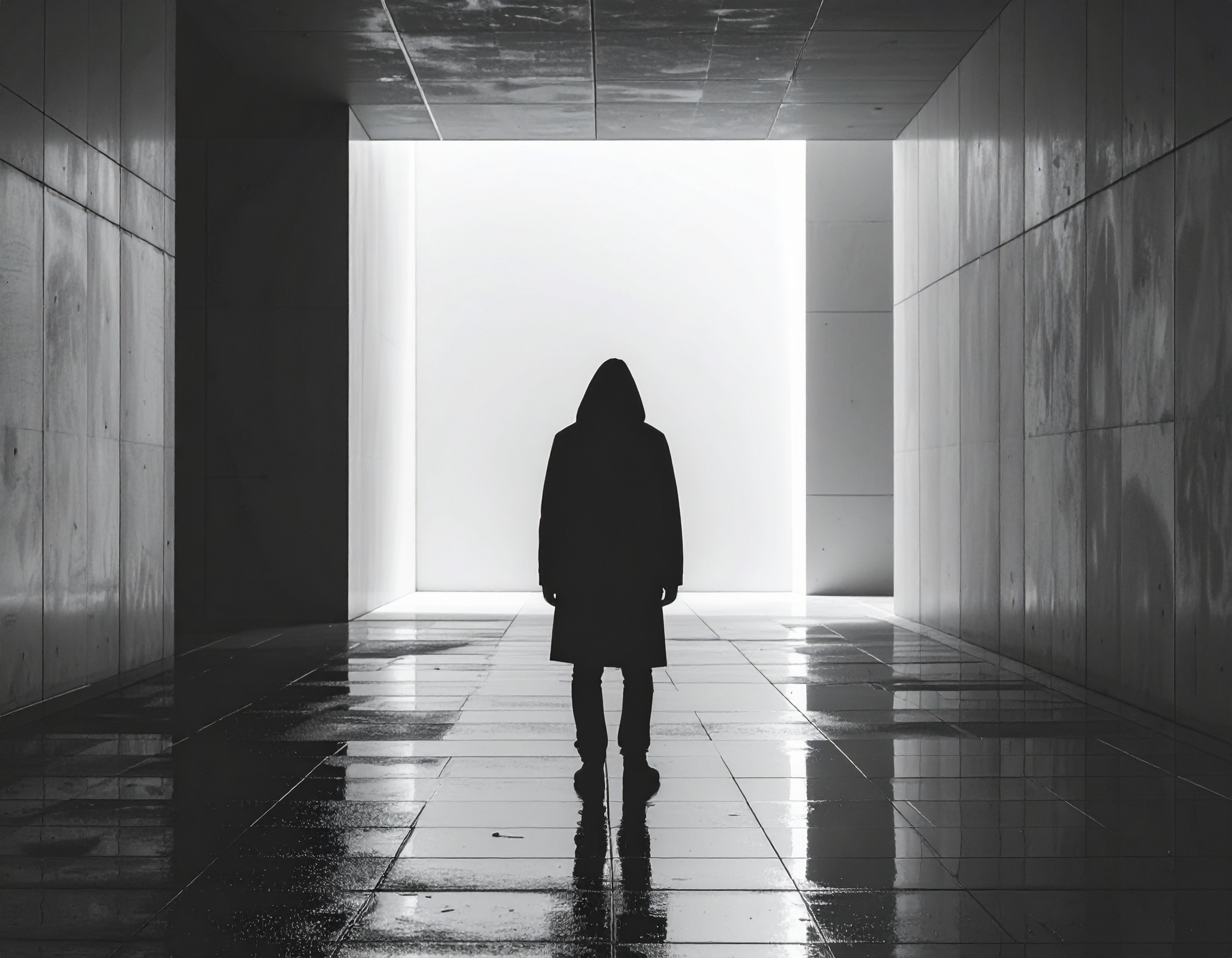 A solitary figure in a hooded coat stands in a sleek, modern corridor
