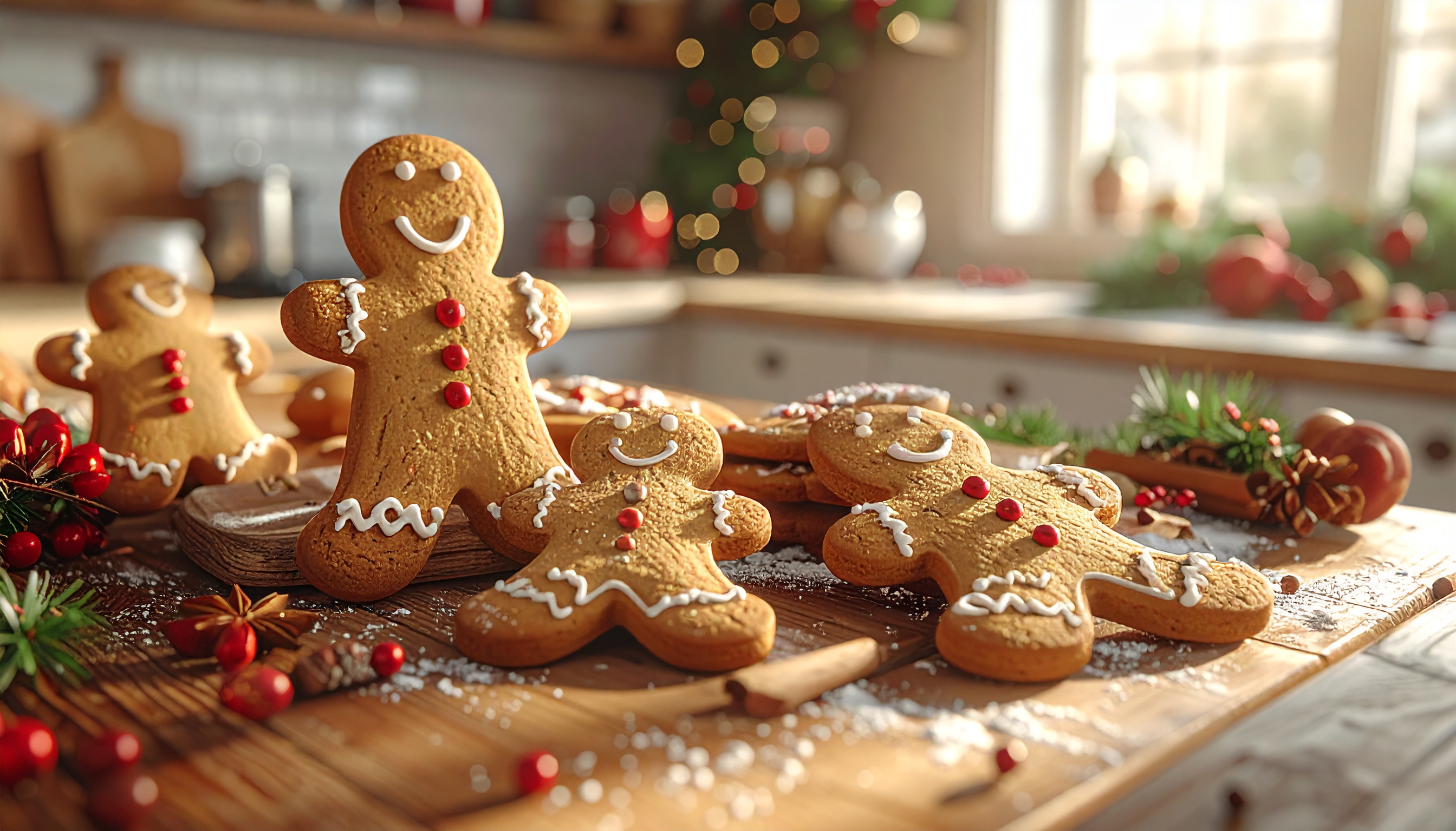 Deliciosos biscoitos de gengibre em formato de boneco decorados com glacê branco e botões vermelhos em uma cozinha natalina, emanando uma atmosfera festiva e acolhedora.