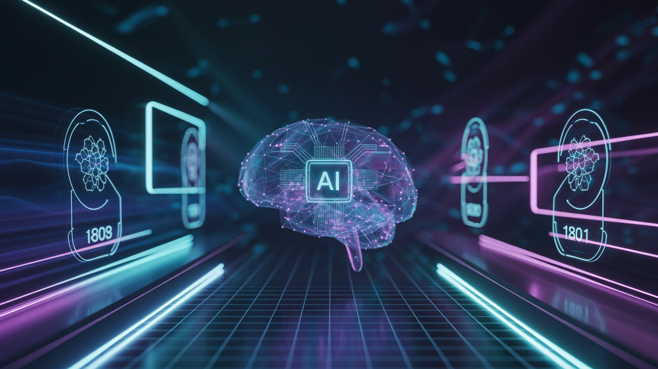 A digital representation of an AI brain surrounded by futuristic neon graphics