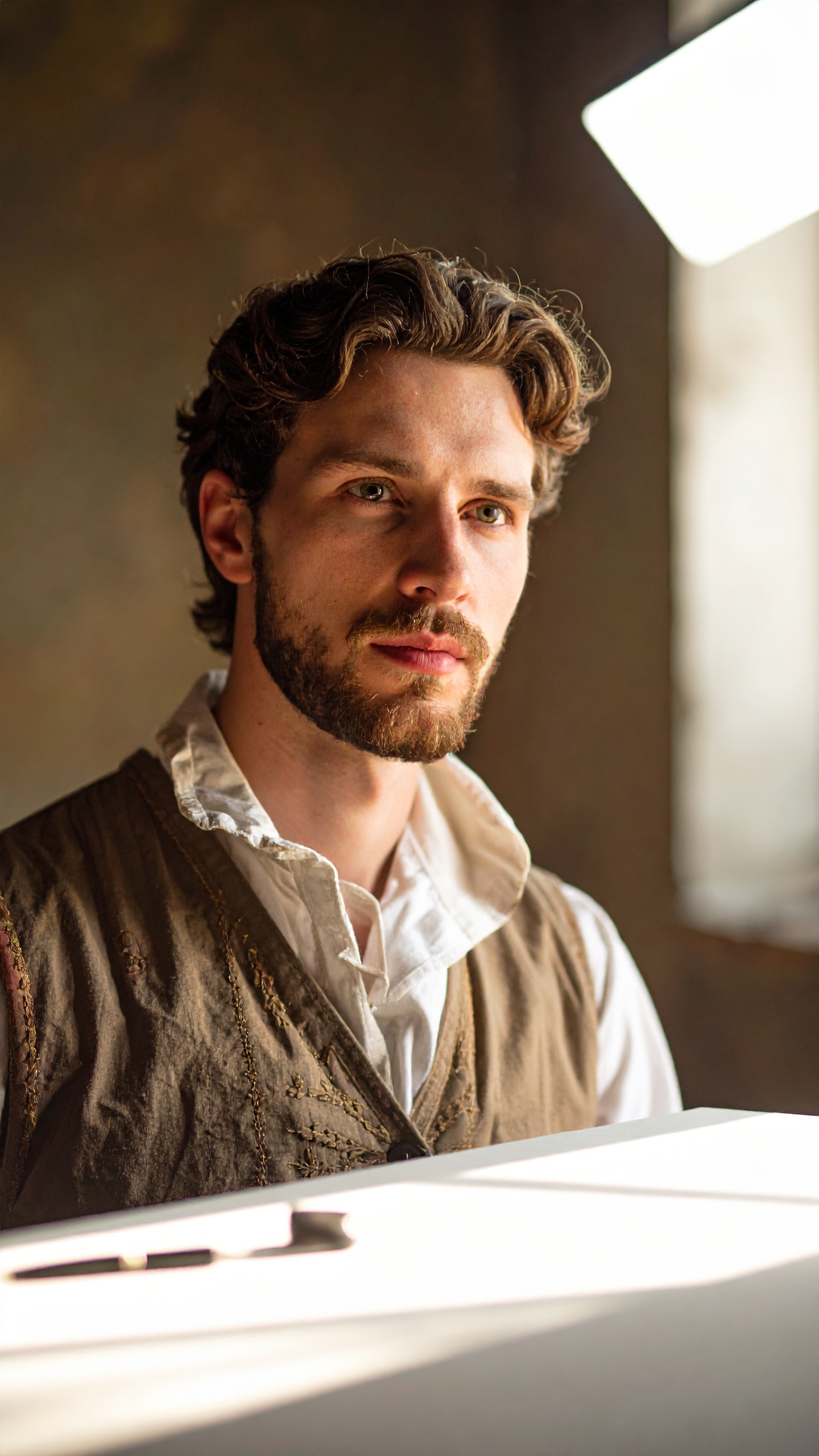 A pensive man with a beard and curly hair is bathed in natural light, dressed in historical attire