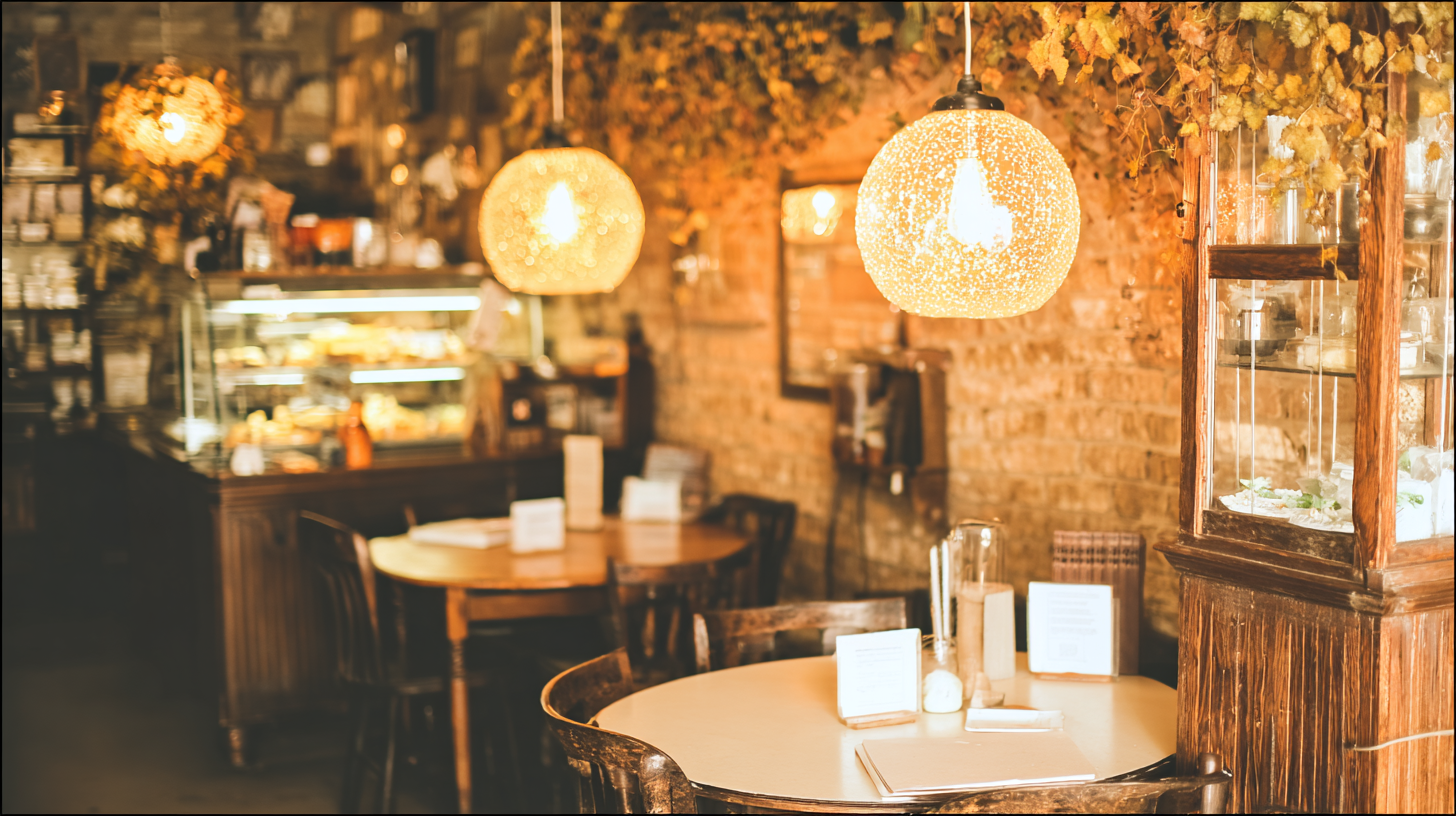 Café aconchegante com decoração rústica, iluminado por luminárias pendentes de vidro que criam uma atmosfera calorosa. As mesas de madeira robusta contrastam com a suave iluminação âmbar. Detalhes de vegetação seca adornam o teto, enquanto um balcão de vidro exibe deliciosas iguarias. Composição harmoniosa e foco suave destacam a estética acolhedora do ambiente.