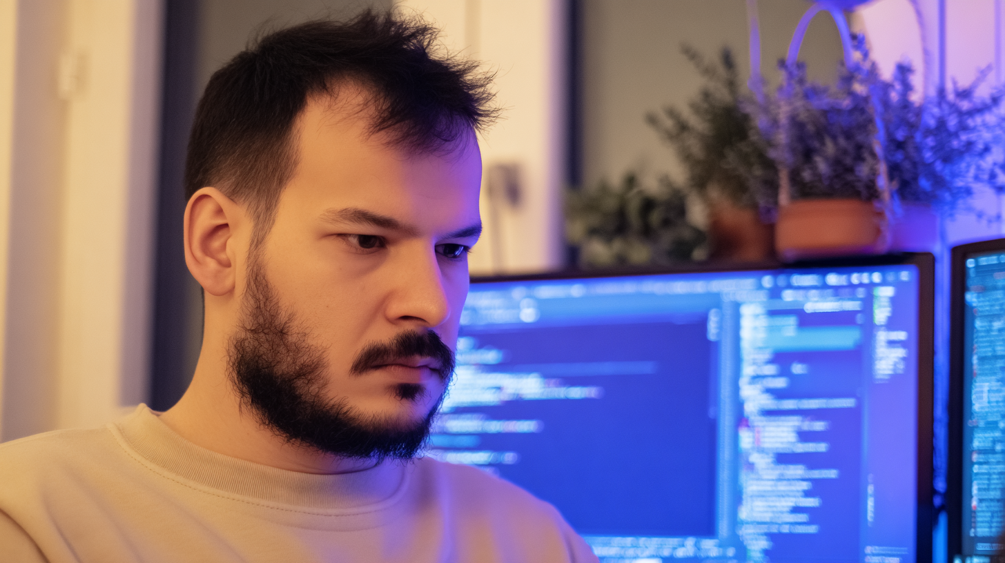 Homem concentrado em frente a duas telas de computador, com código visível, em ambiente interno com iluminação azul suave, decoração com plantas ao fundo, criando atmosfera de trabalho noturno e tecnológico.