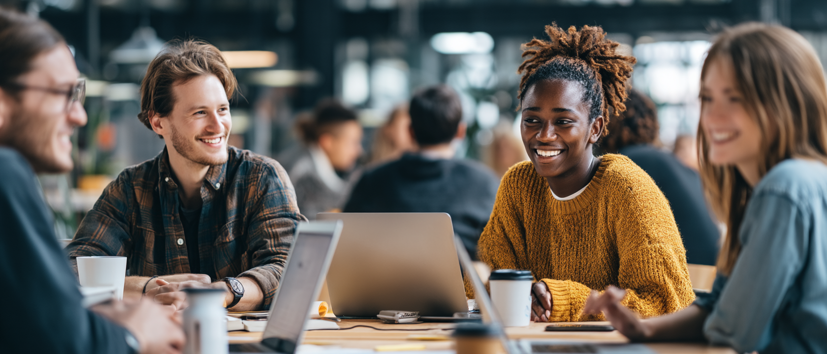 Group of diverse young adults smiling and collaborating around a table with laptops and coffee cups in a bright, modern workspace.