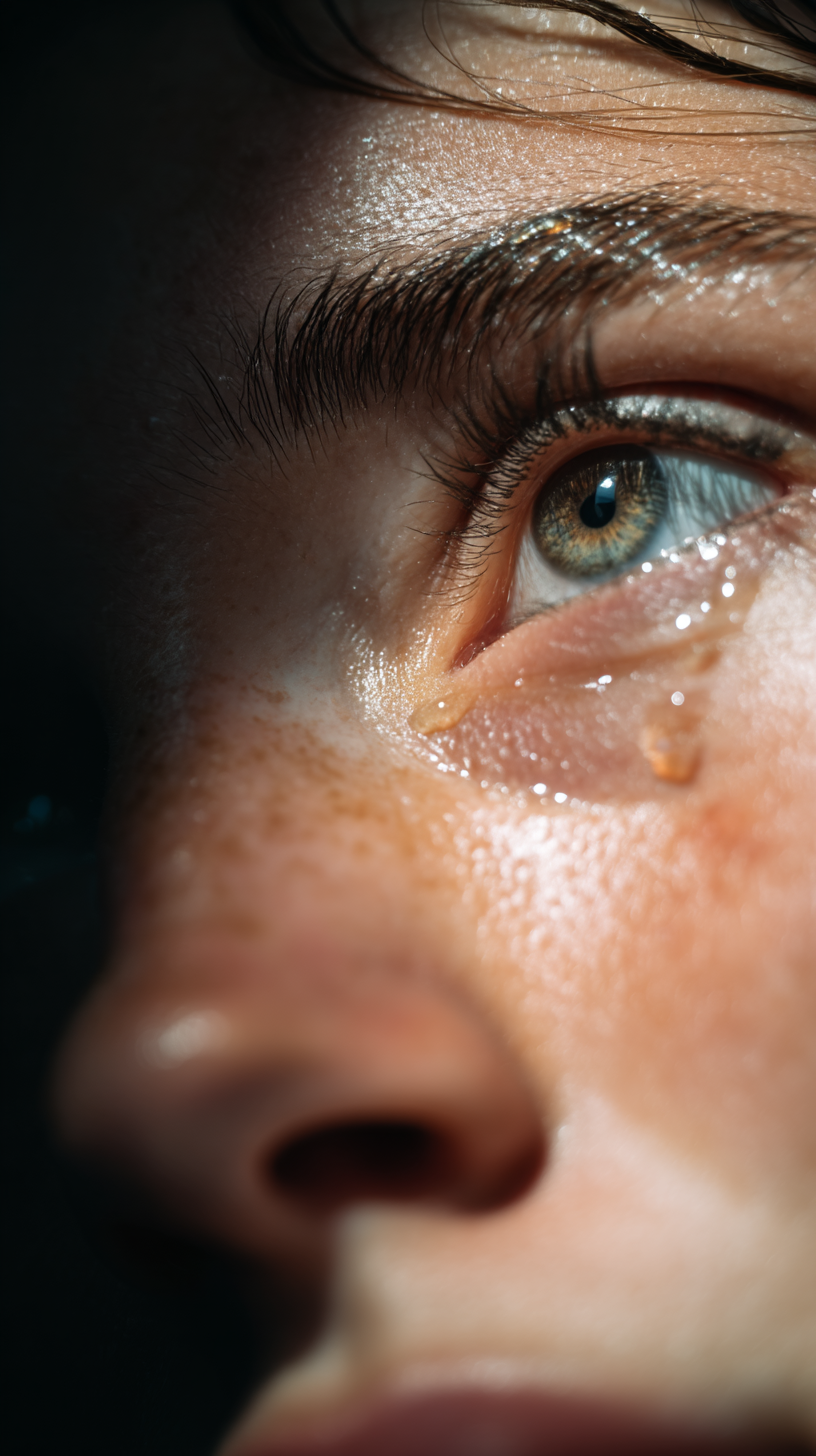 Close-up of a person's eye with a tear rolling down their cheek, highlighting the texture of the skin and the emotional expression. The image captures a detailed view of the eye, including the iris and eyelashes, and features warm lighting that enhances the natural beauty and depth of the scene.