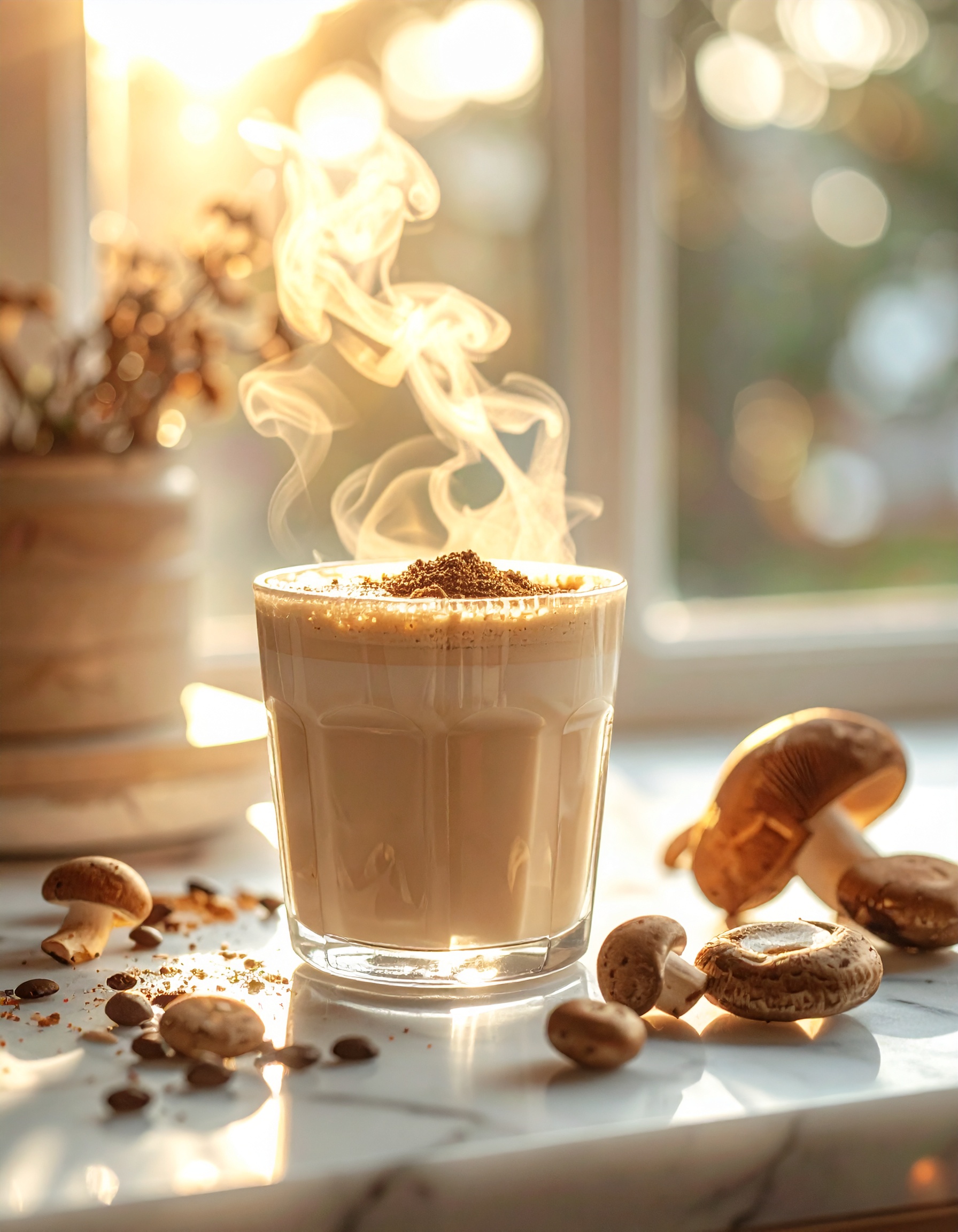 A steaming glass of mushroom coffee sits on a sunlit marble countertop