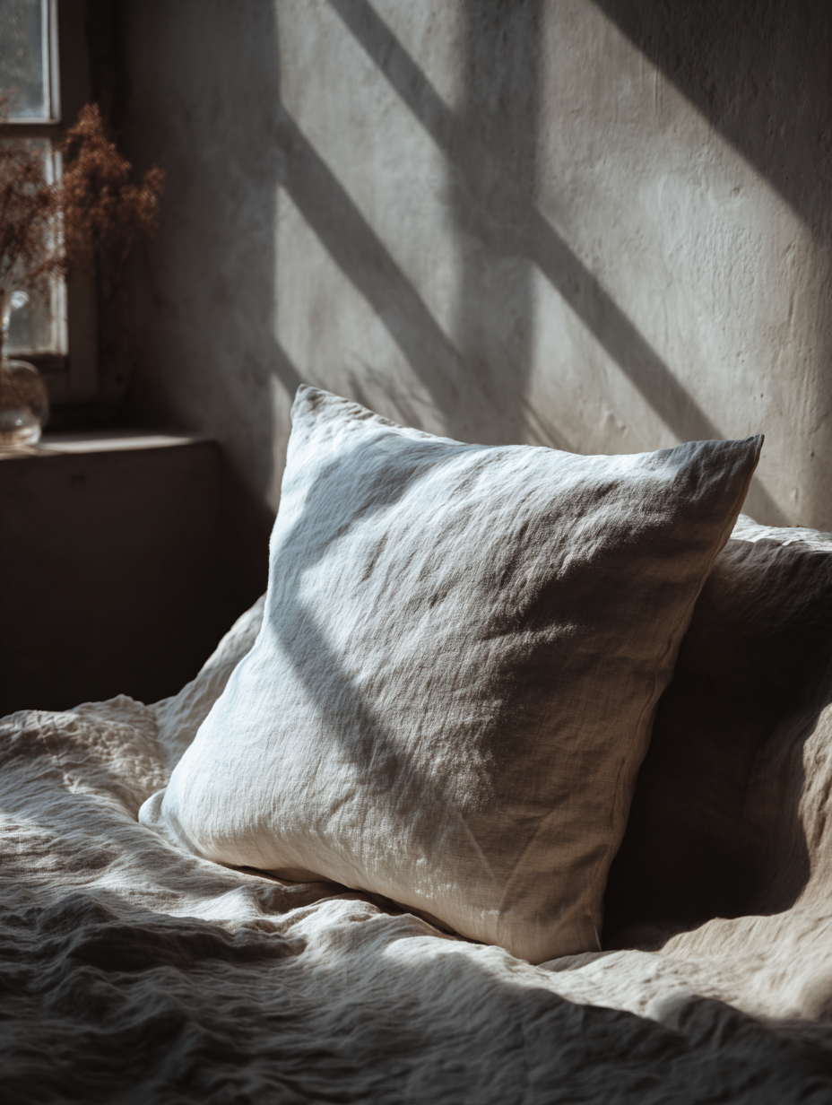 Almofada de linho em uma cama iluminada pela luz suave da manhã, criando uma atmosfera de tranquilidade e aconchego. O ambiente minimalista e sereno evoca sensação de paz e simplicidade.