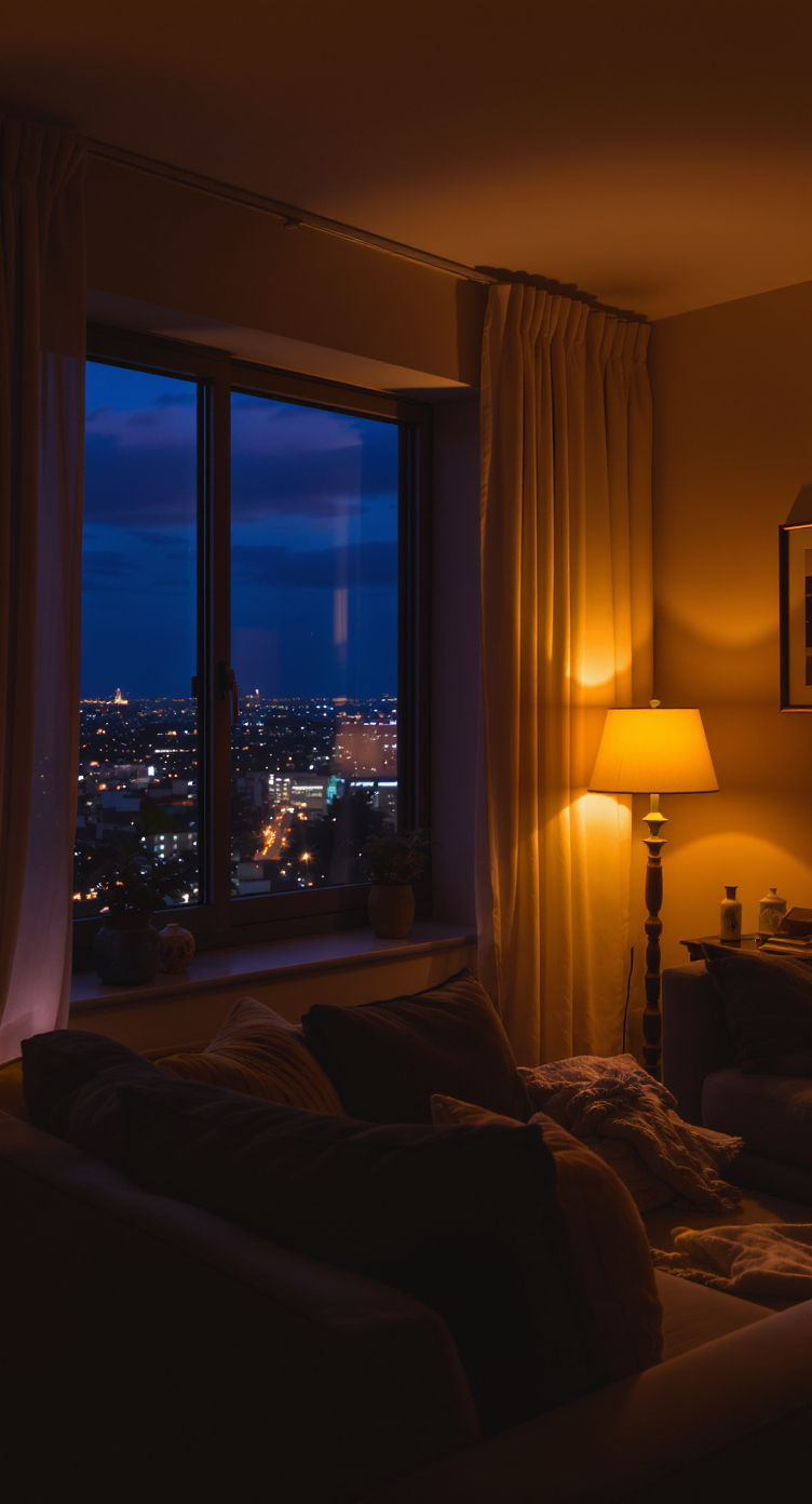 A cozy living room softly lit by a warm lamp at night